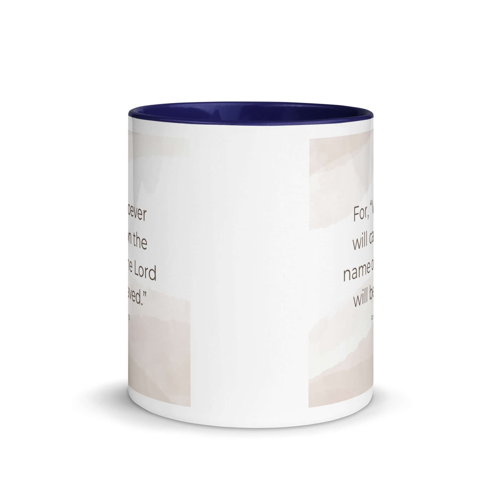 Romans 10:13 Bible Verse, the name White Ceramic Mug with Color Inside
