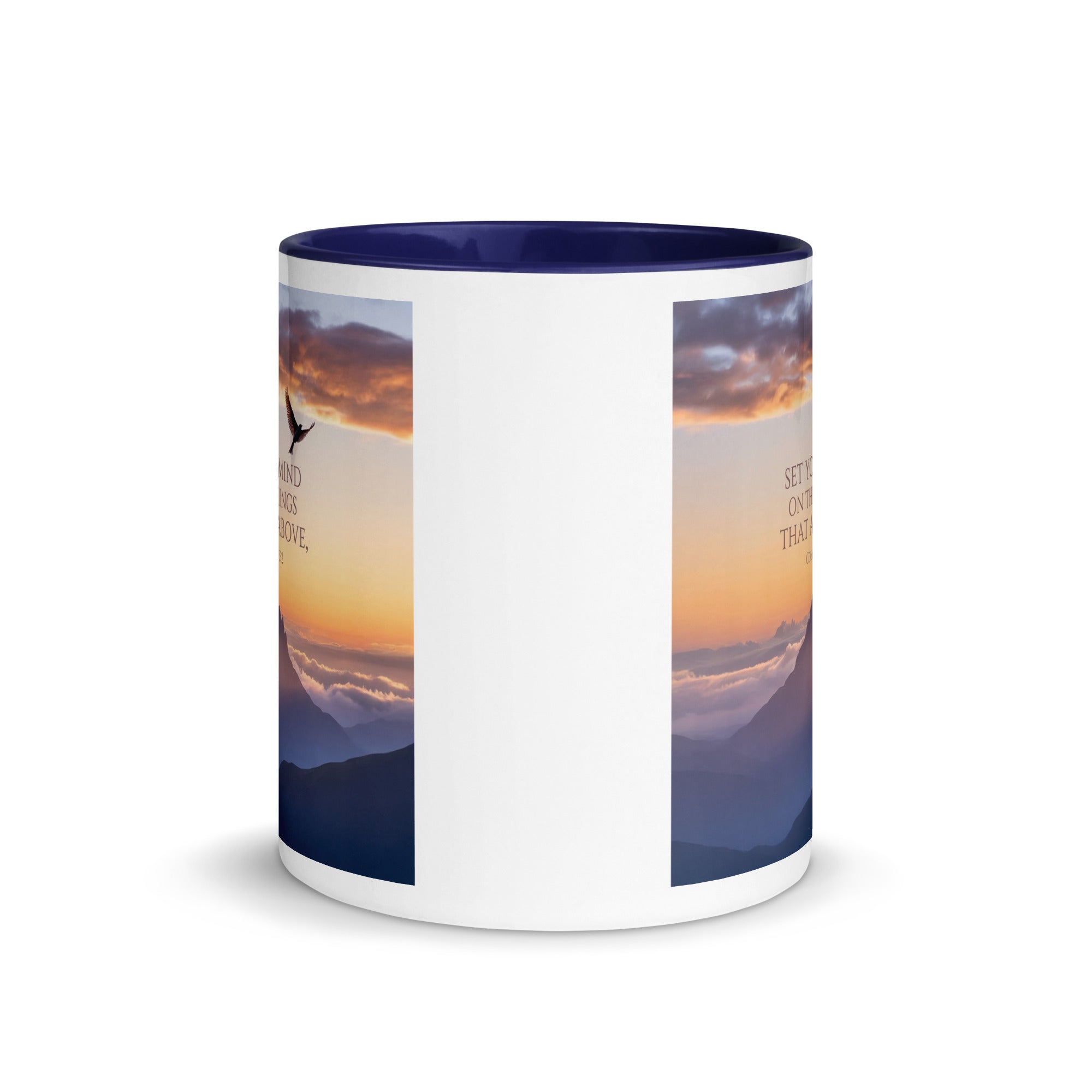 Colossians 3:2 Bible Verse are above White Ceramic Mug with Color Inside