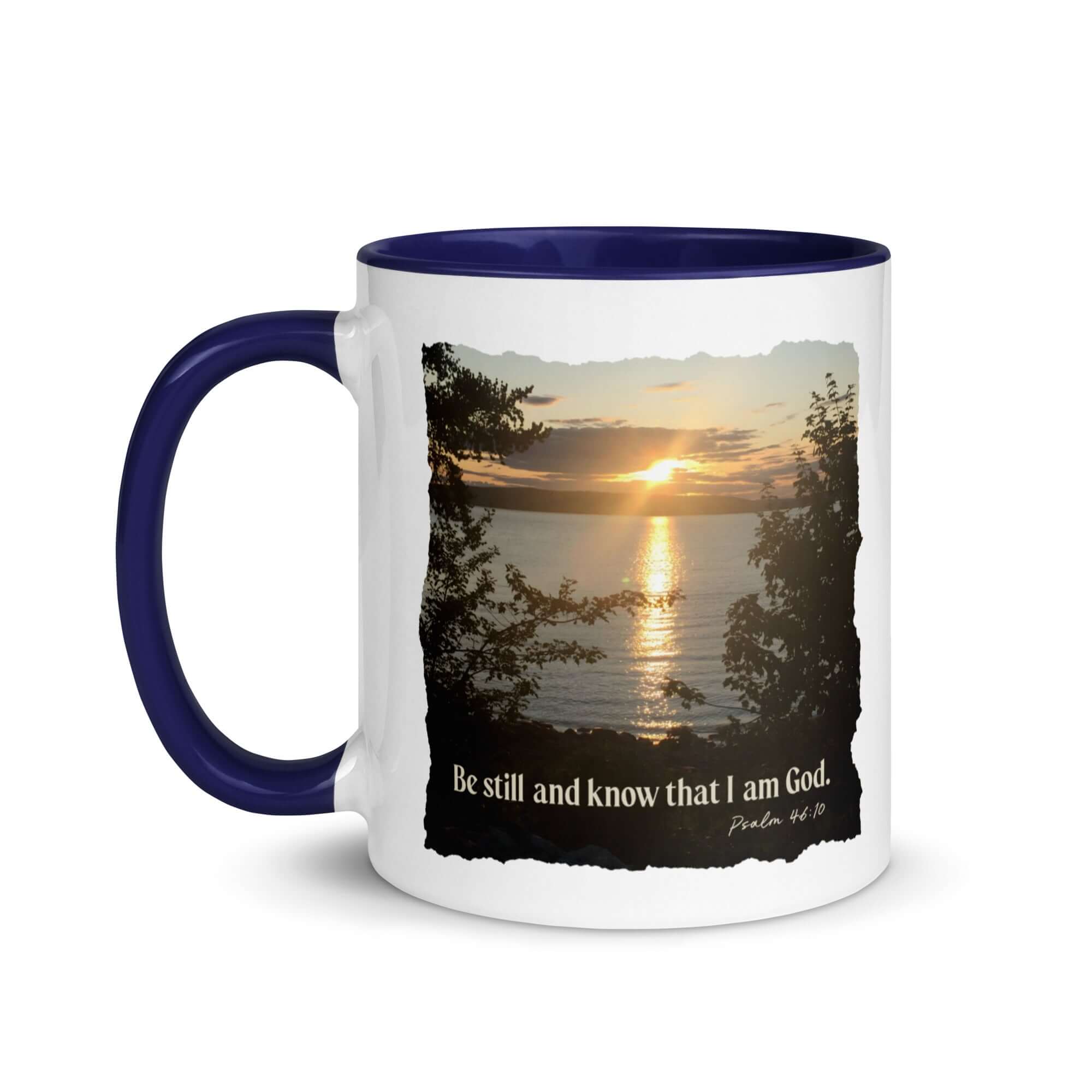 Psalm 46:10 Bible Verse, Sunset Glory White Ceramic Mug with Color Inside