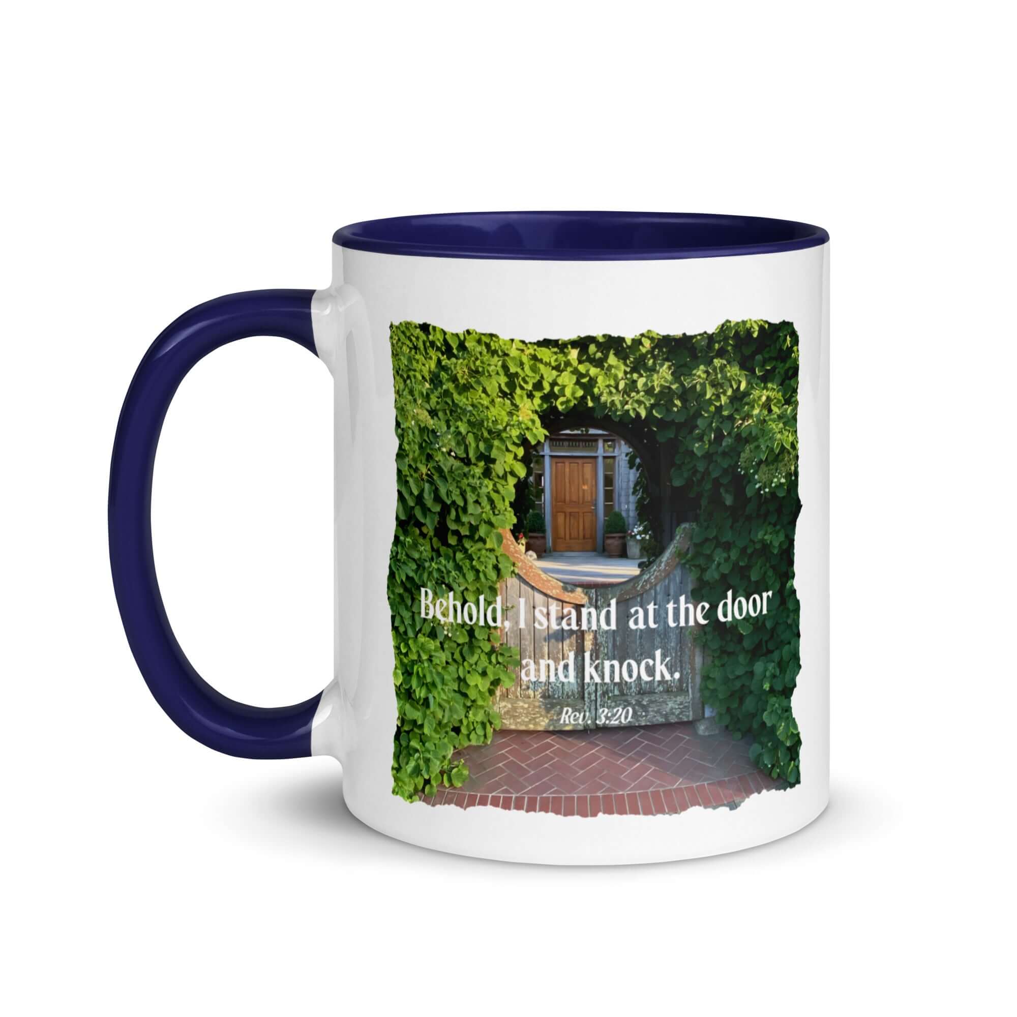 Revelation 3:20 Bible Verse, Garden Doorway White Ceramic Mug with Color Inside