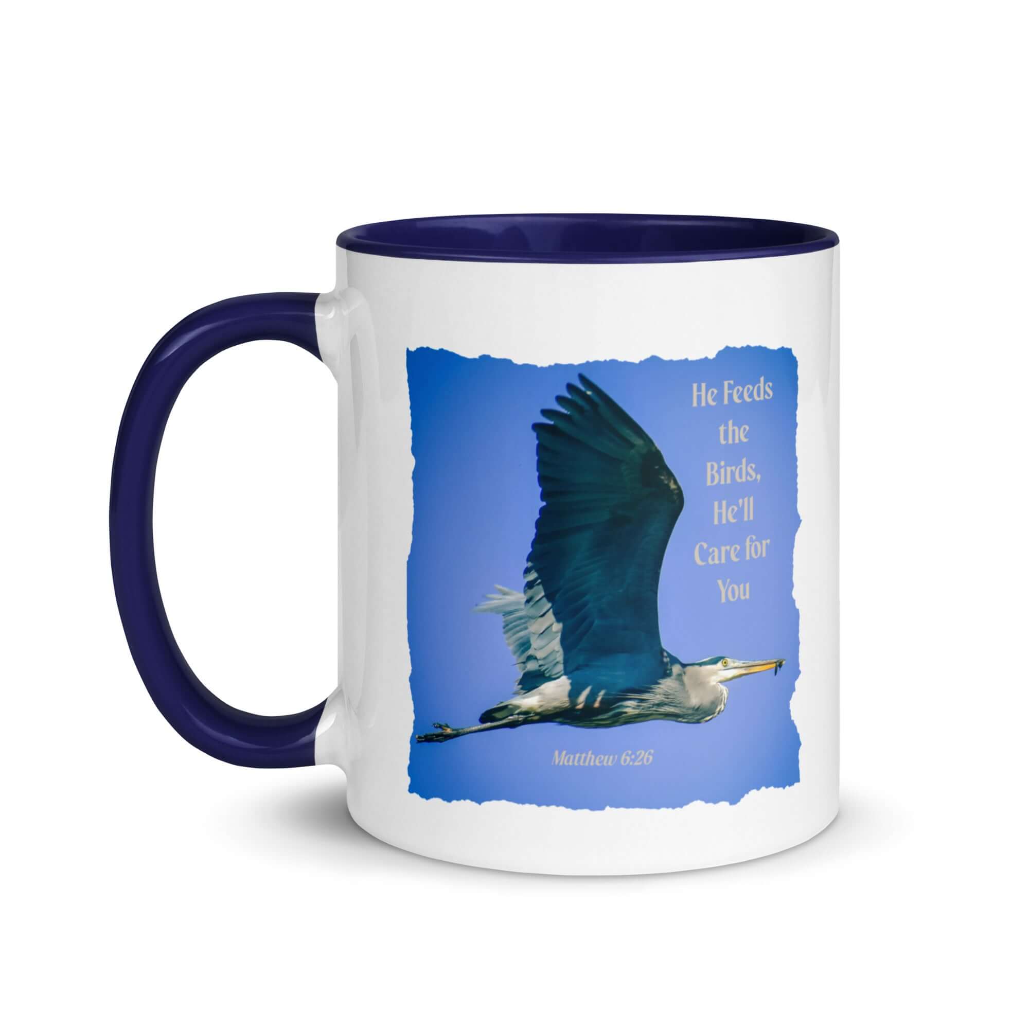 Matthew 6:26 Graceful Heron, He'll Care for You White Ceramic Mug with Color Inside