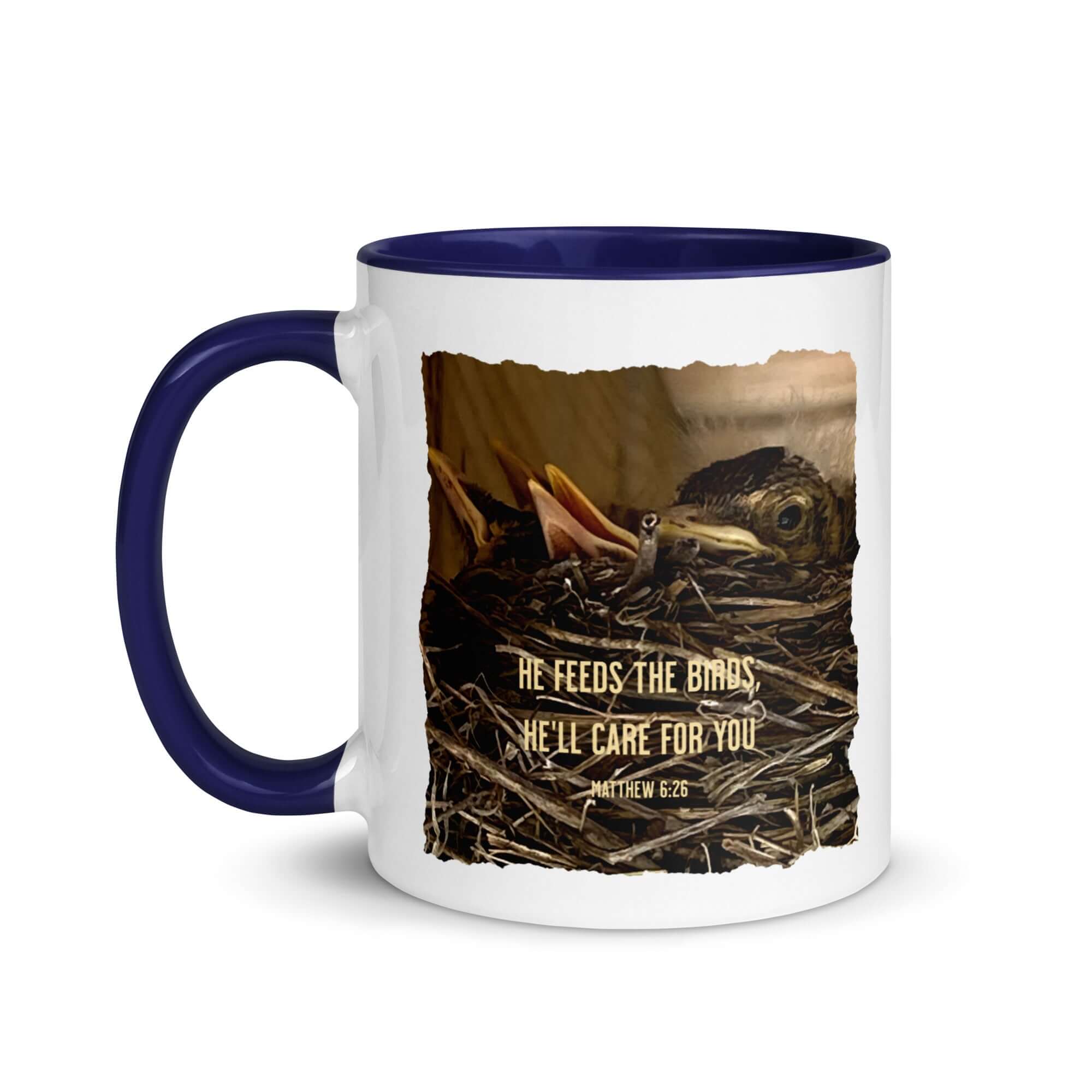 Matthew 6:26 Baby Robins, He'll Care for You White Ceramic Mug with Color Inside