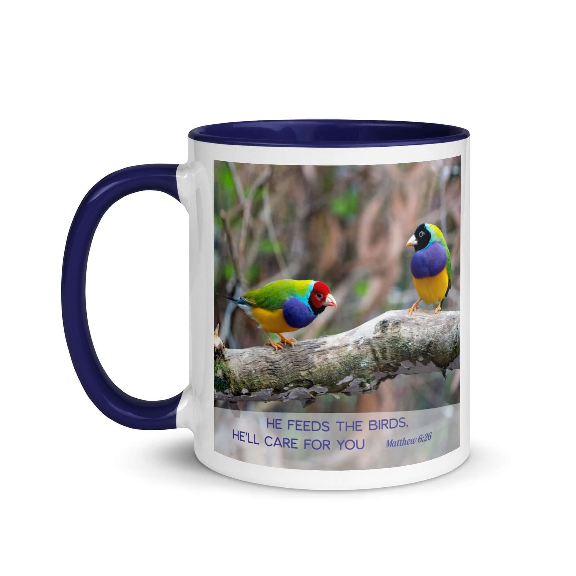 Matthew 6:26 Gouldian Finches, He'll Care for You White Ceramic Mug with Color Inside