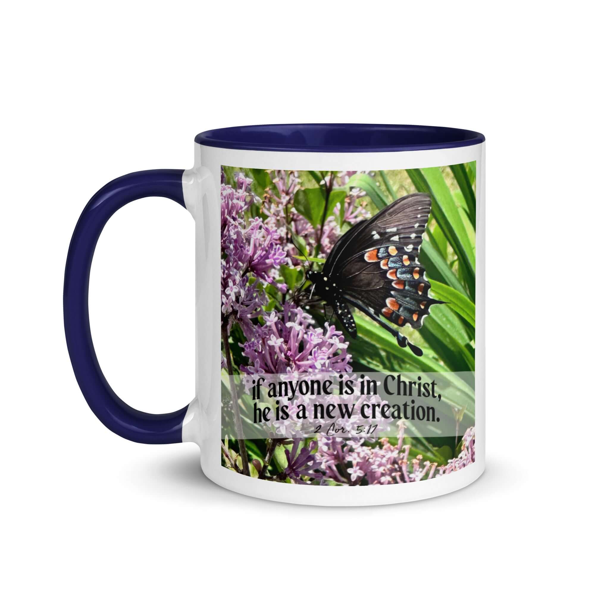 2 Corinthians 5:17 Bible Verse, Butterfly White Ceramic Mug with Color Inside