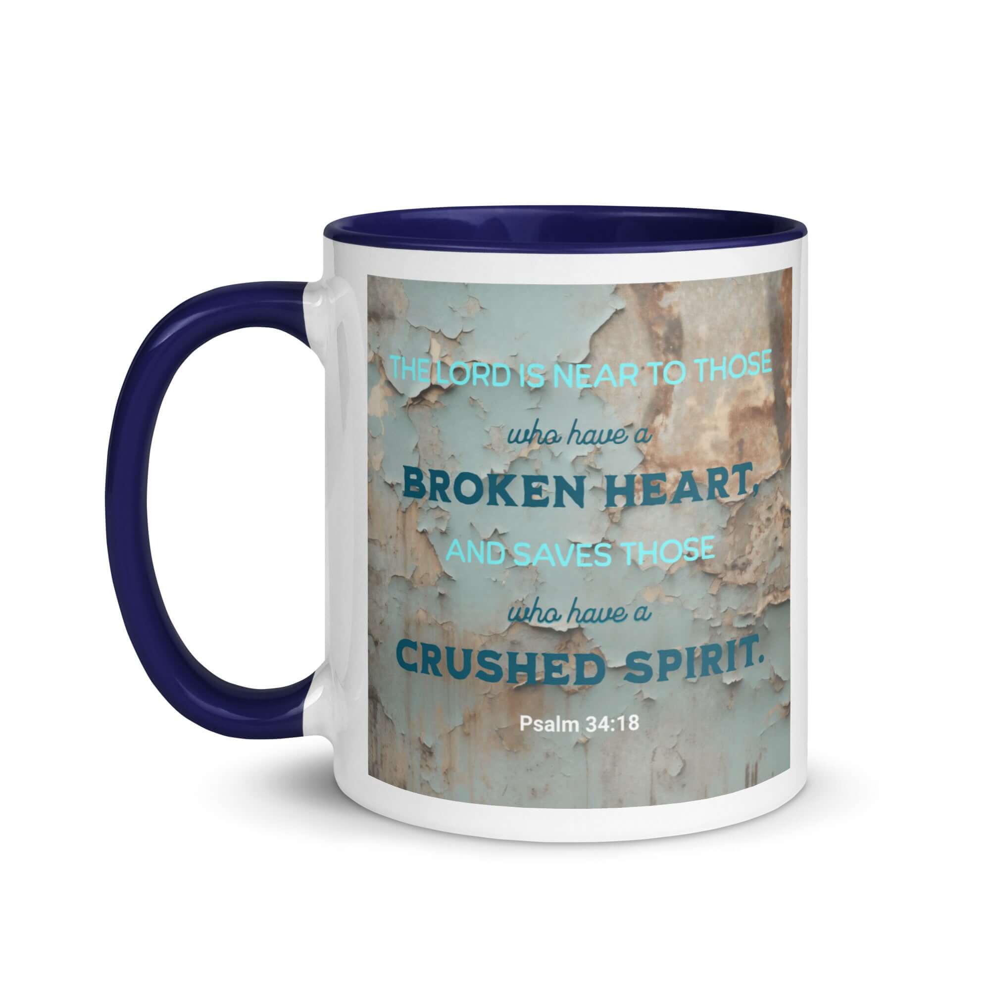 Psalm 34:18 Bible Verse, The LORD is Near White Ceramic Mug with Color Inside