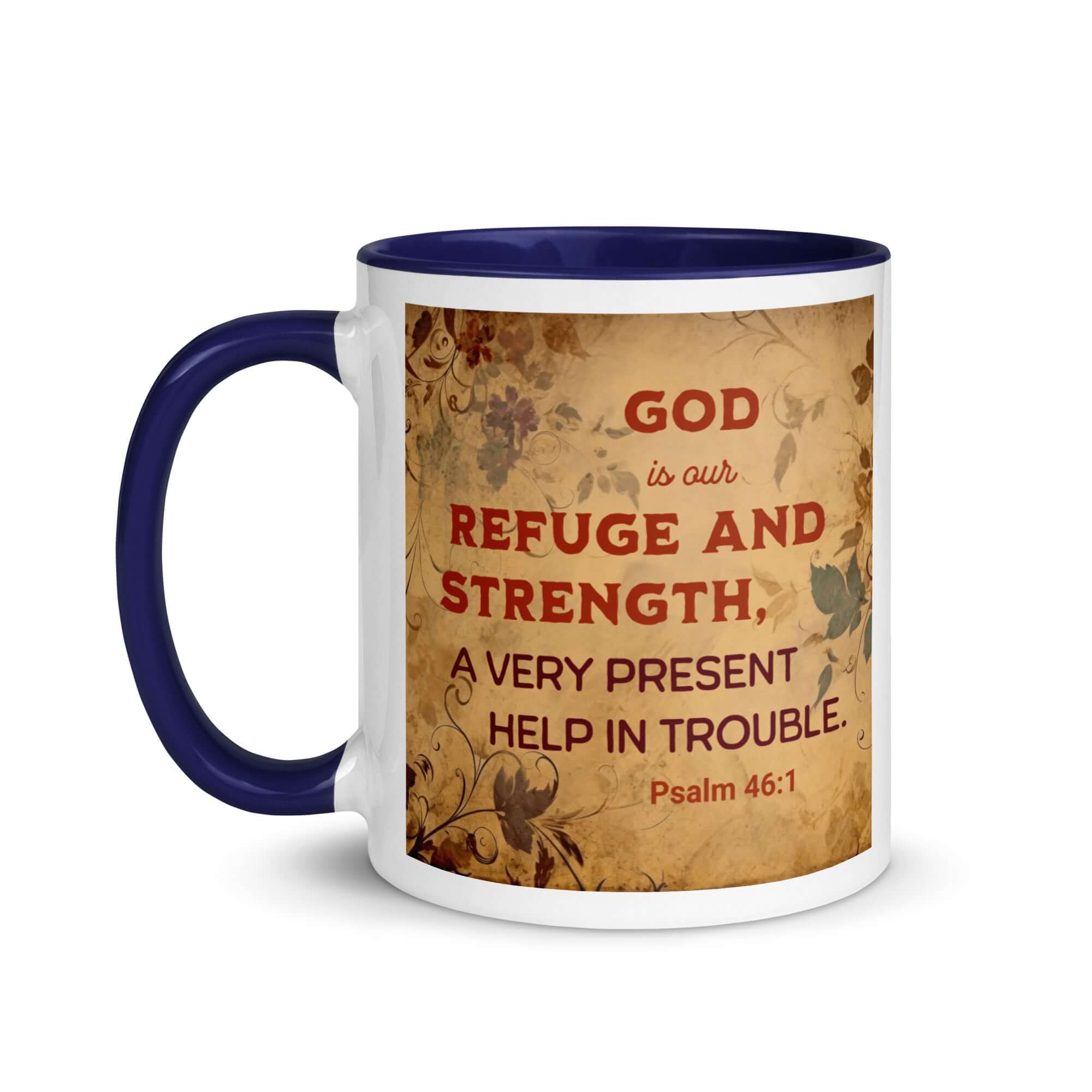 Psalm 46:1 Bible Verse, God is Our Refuge White Ceramic Mug with Color Inside