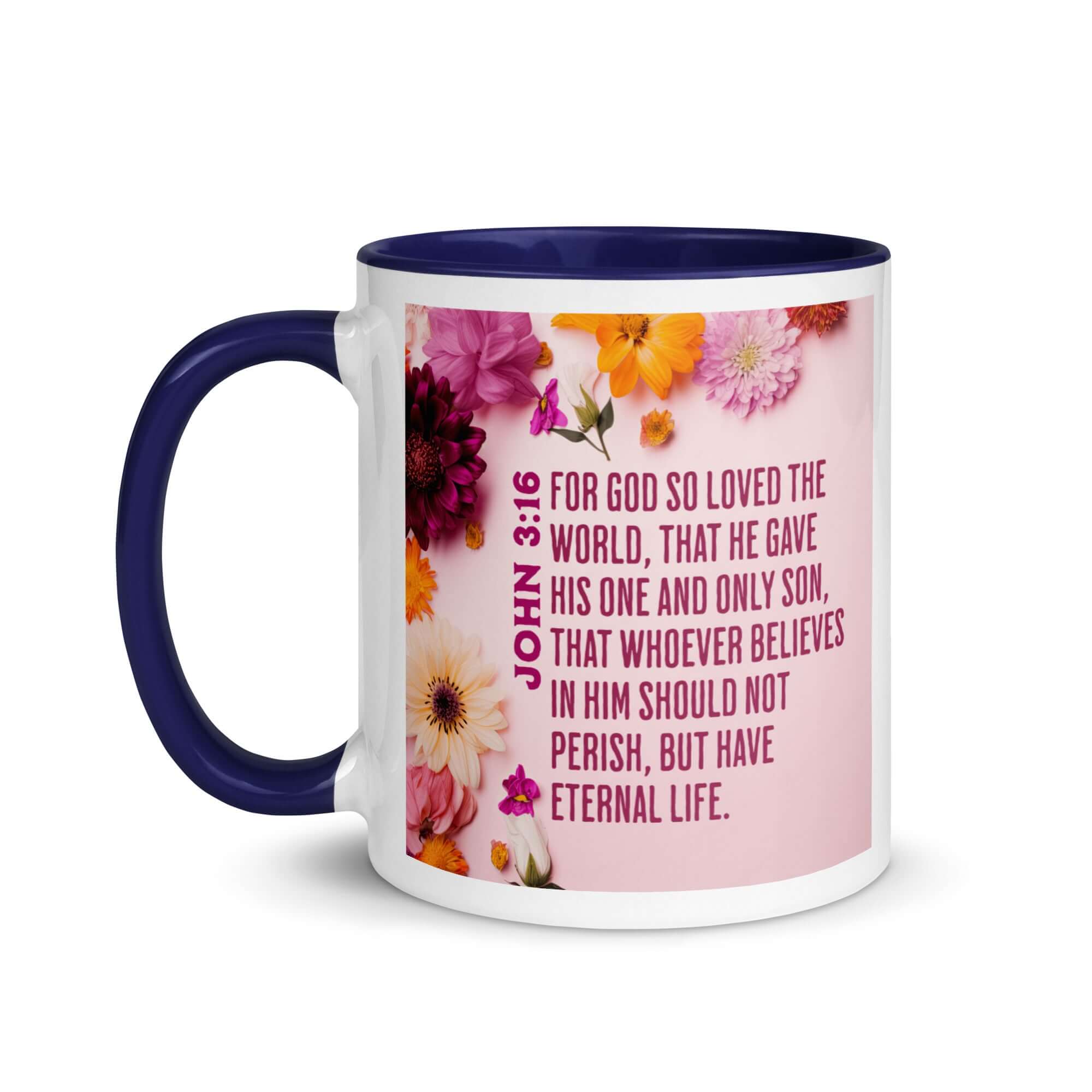 John 3:16 Bible Verse, For God So Loved White Ceramic Mug with Color Inside