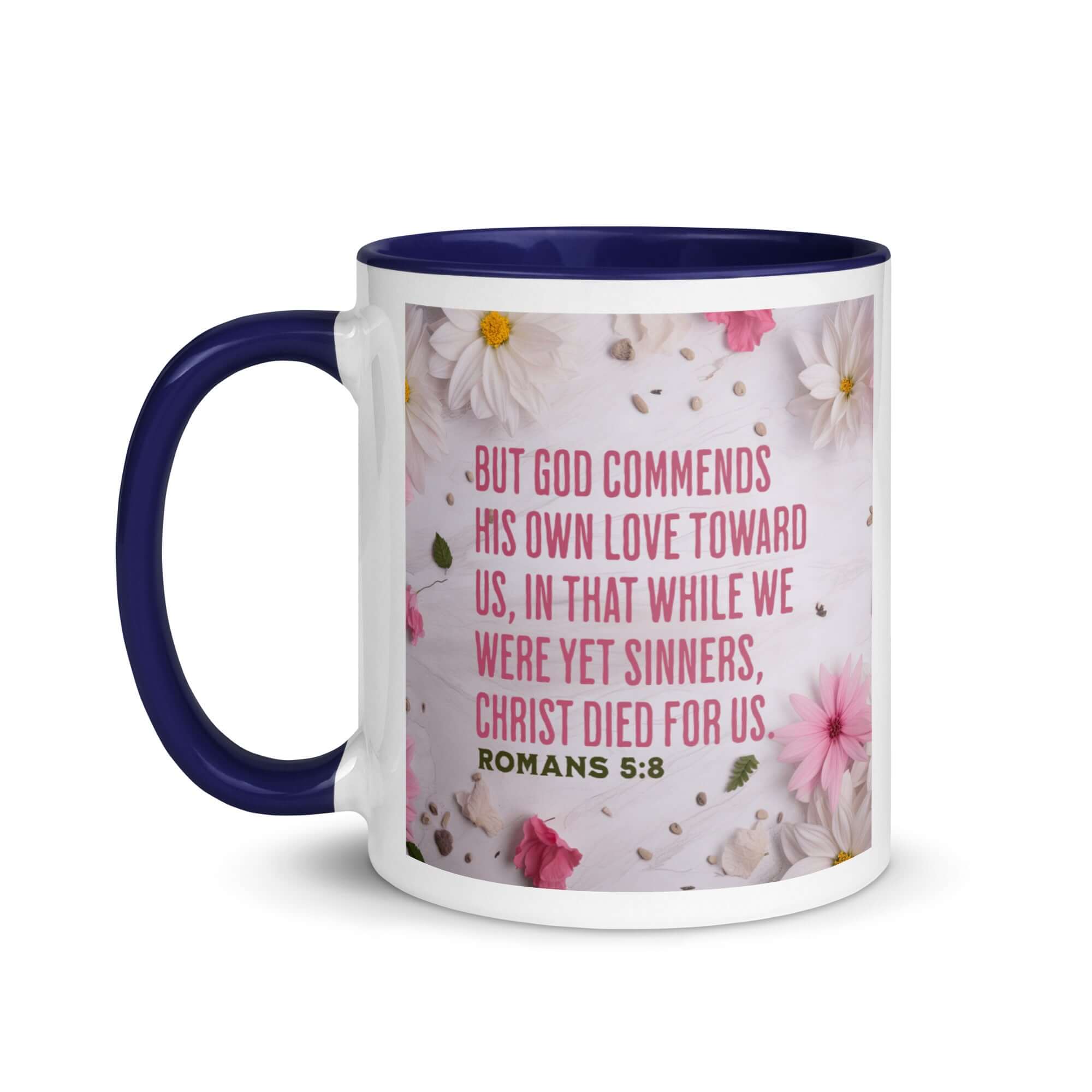 Romans 5:8 Bible Verse, Christ Died for Us White Ceramic Mug with Color Inside
