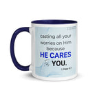 1 Peter 5:7 Bible Verse, casting all your worries on Him White Ceramic Mug with Color Inside