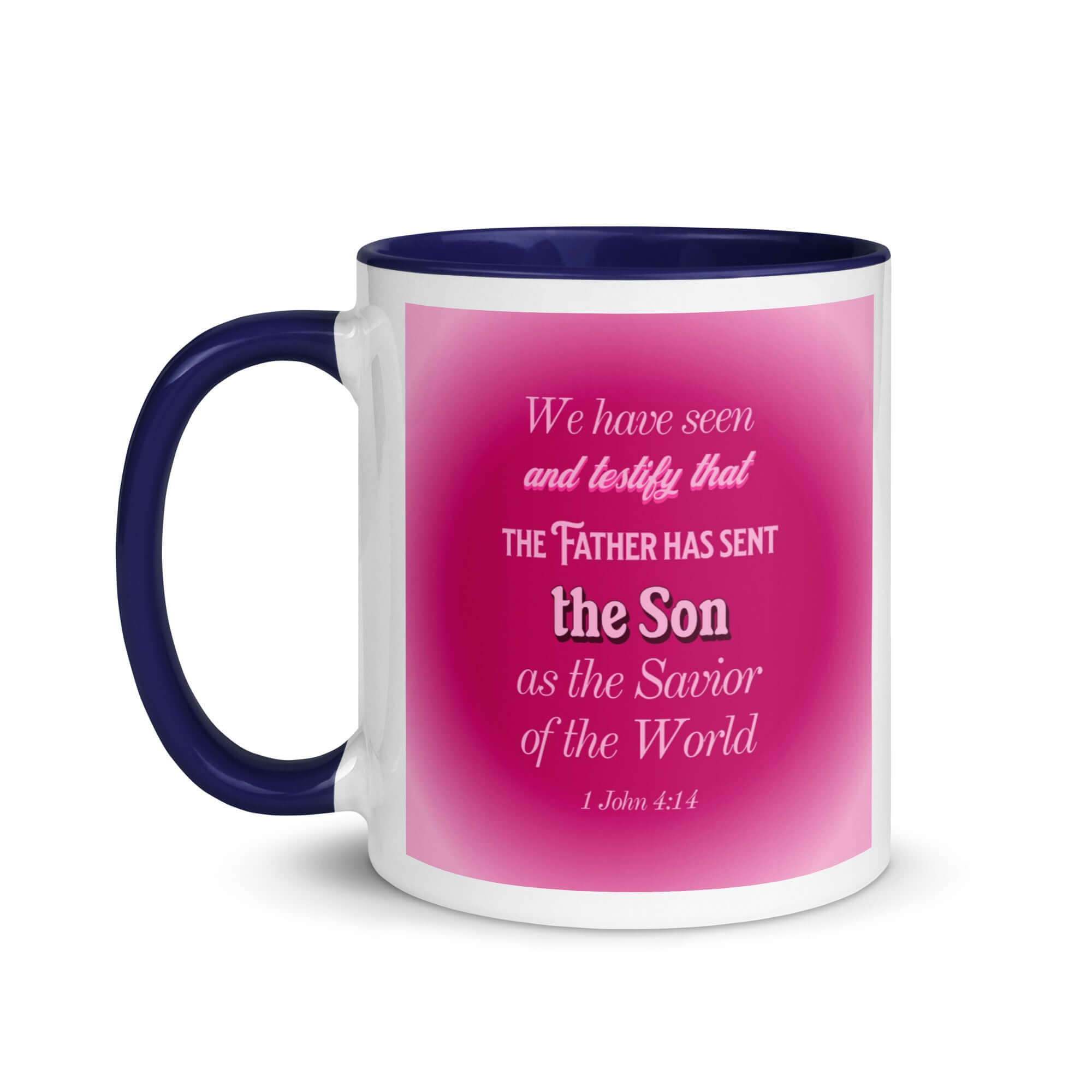 1 John 4:14 Bible Verse, that the Father White Ceramic Mug with Color Inside