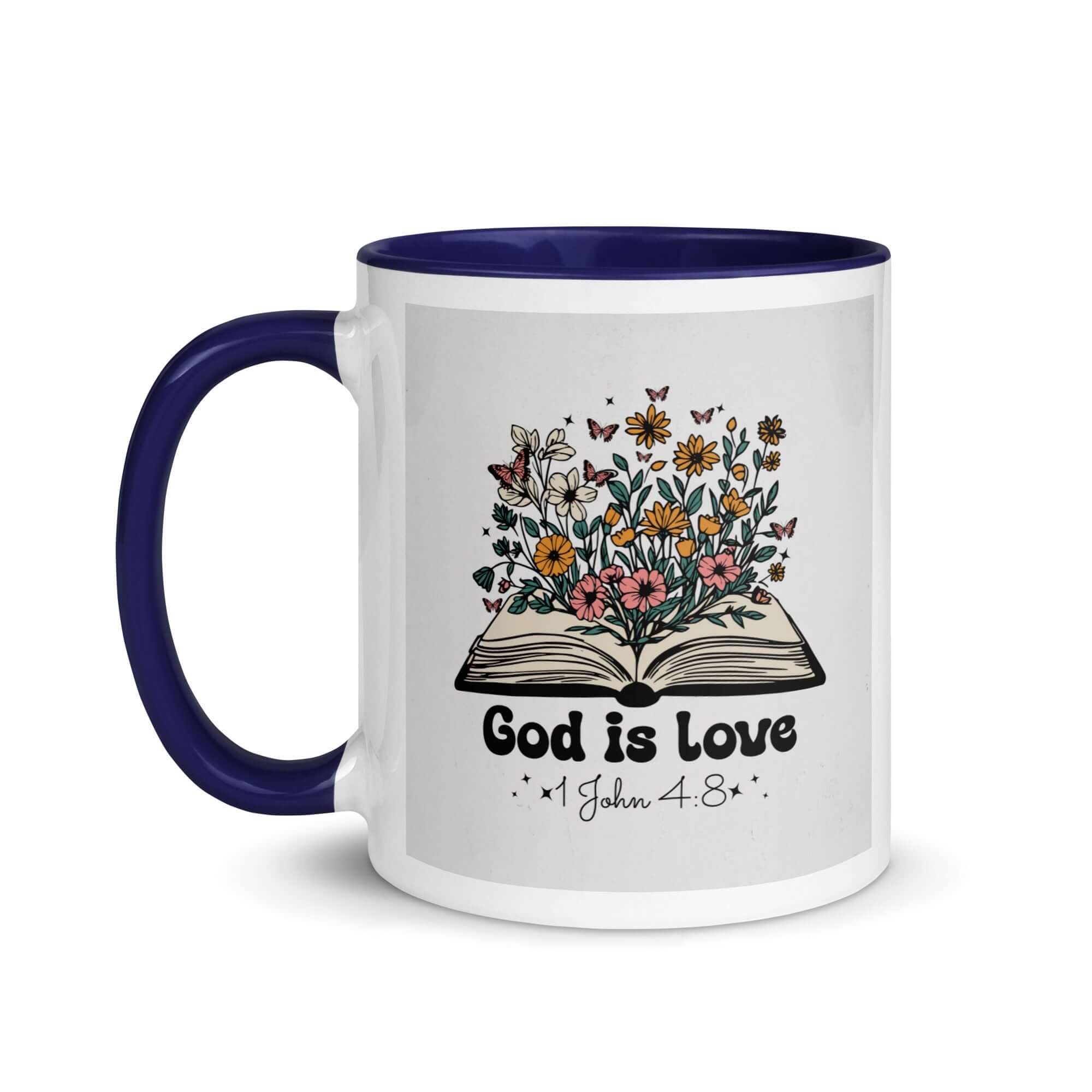 1 John 4:8 Bible Verse, God is Love White Ceramic Mug with Color Inside