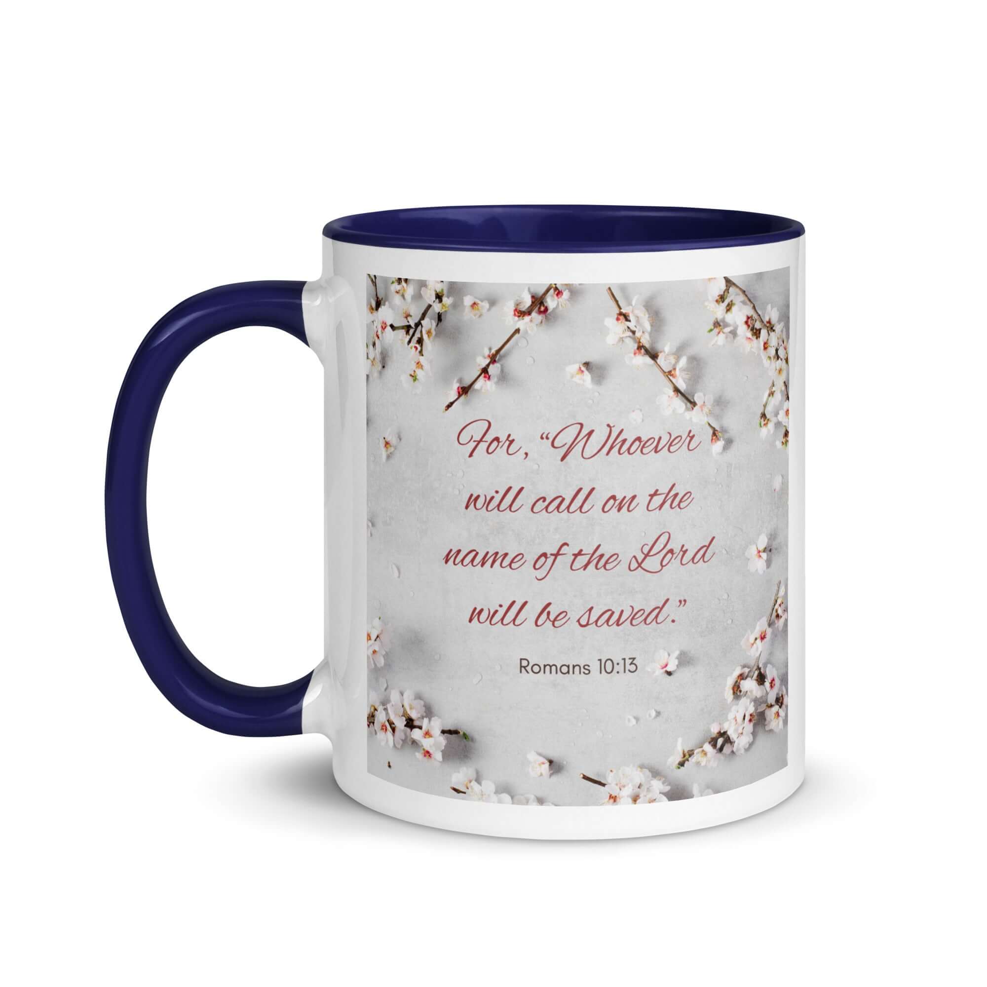 Romans 10:13 Bible Verse, the Lord White Ceramic Mug with Color Inside