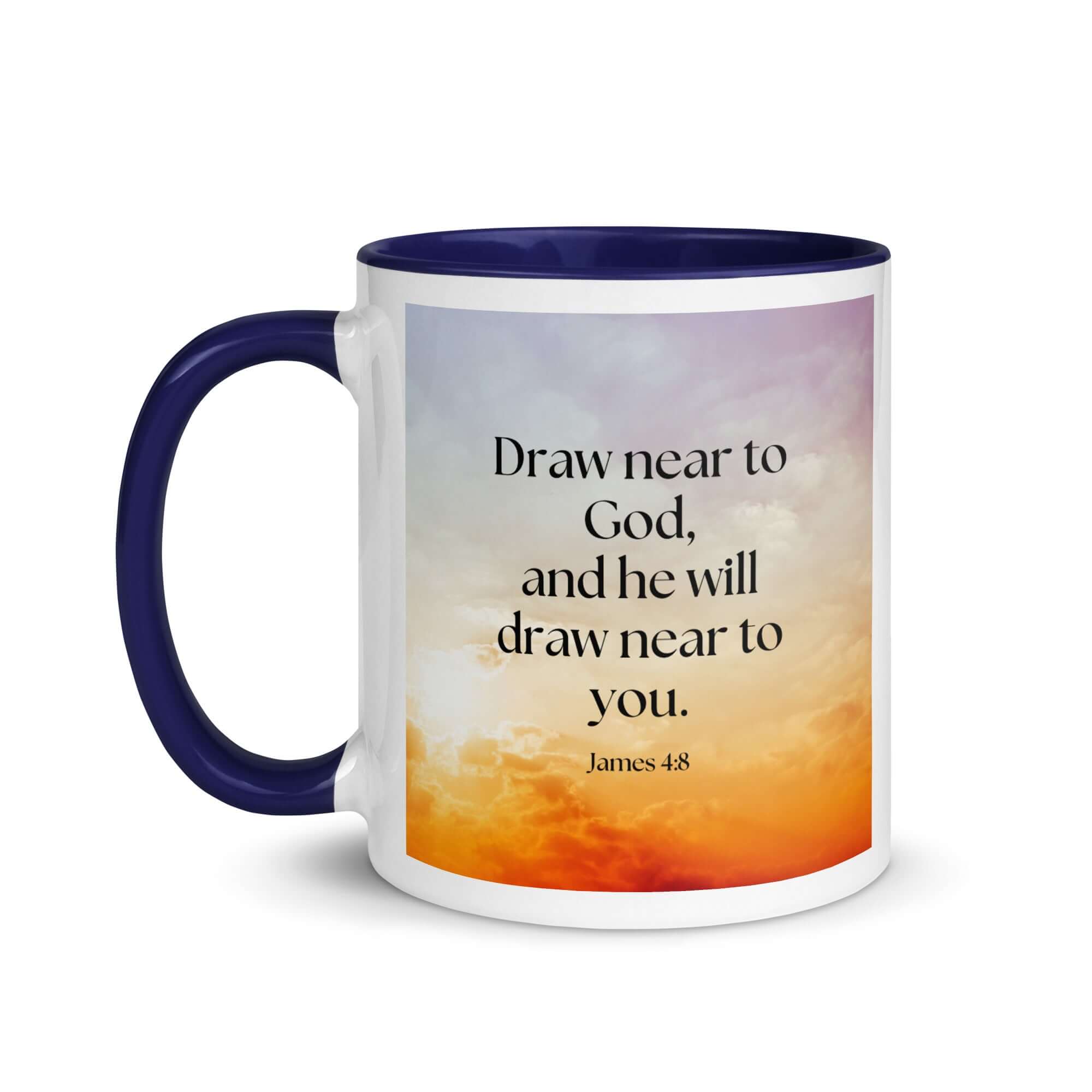James 4:8 Bible Verse, he will draw White Ceramic Mug with Color Inside