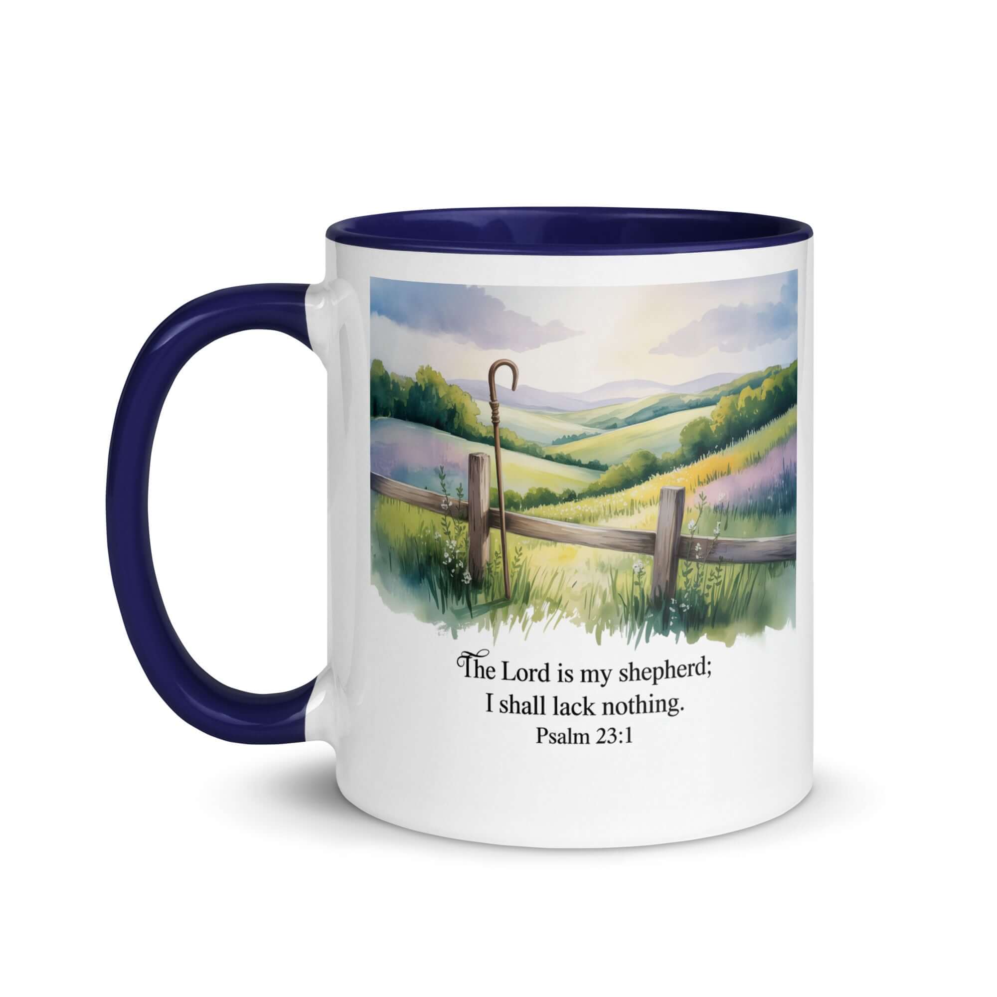 Psalm 23:1 Bible Verse, Lack White Ceramic Mug with Color Inside