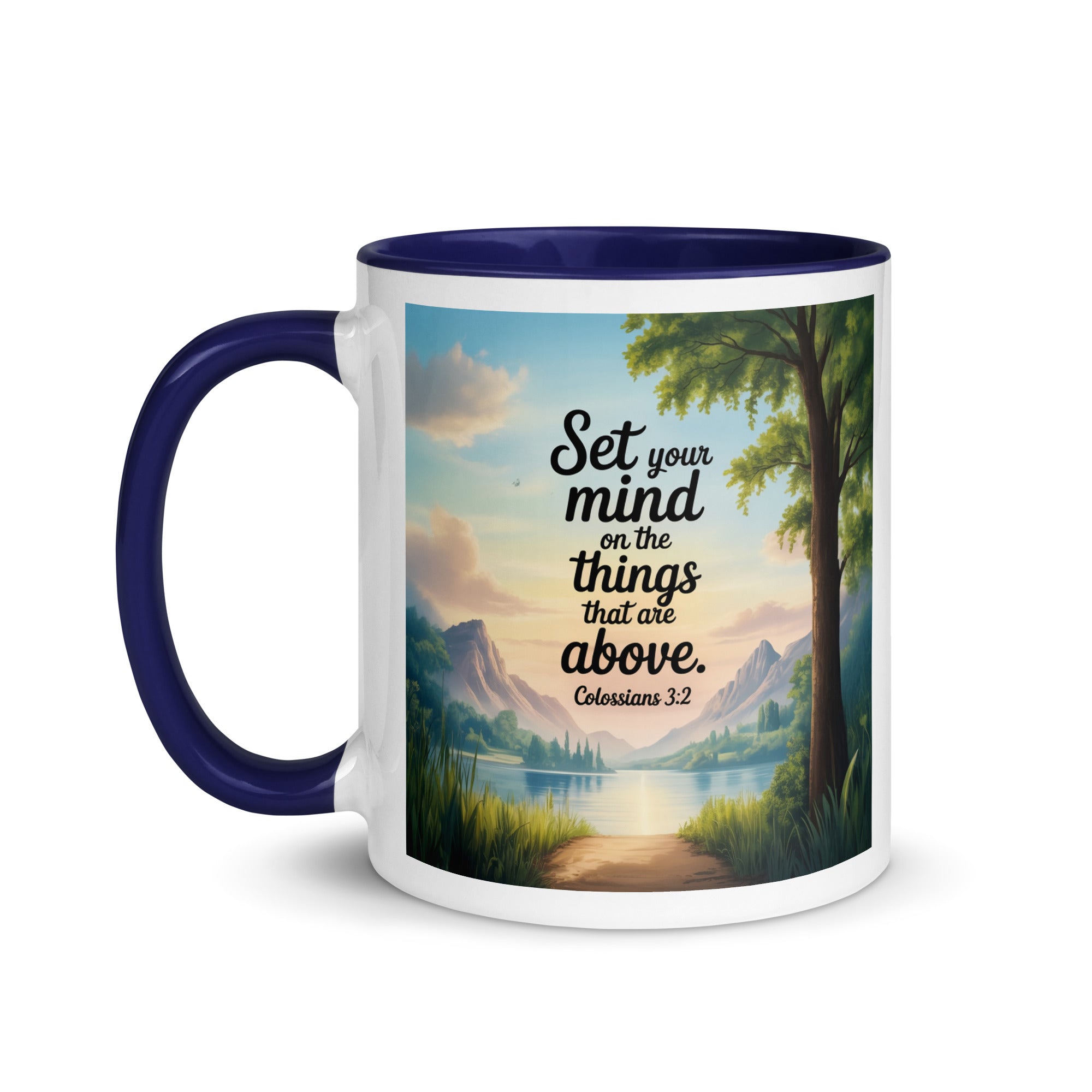 Colossians 3:2 Bible Verse Set White Ceramic Mug with Color Inside