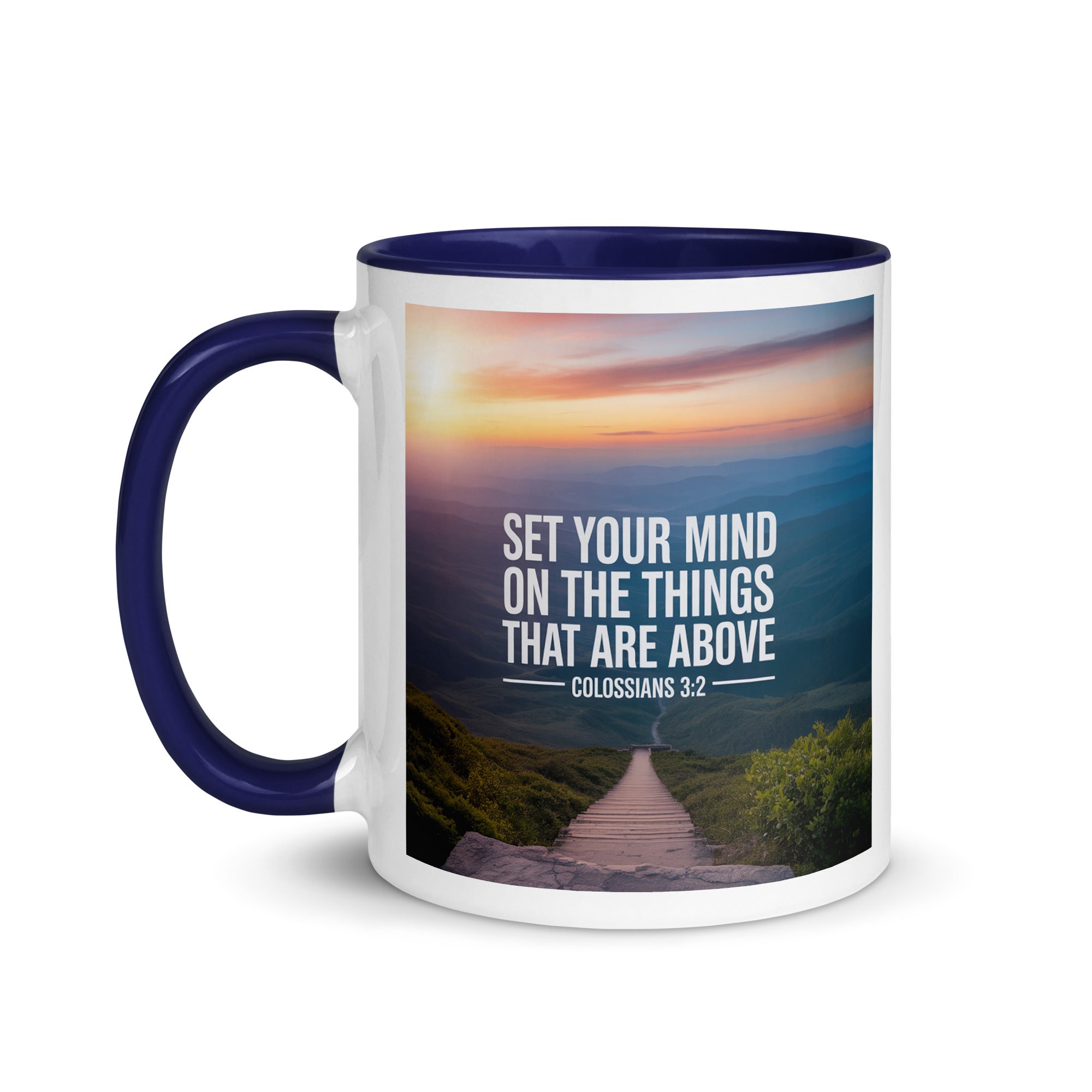 Colossians 3:2 Bible Verse your mind White Ceramic Mug with Color Inside