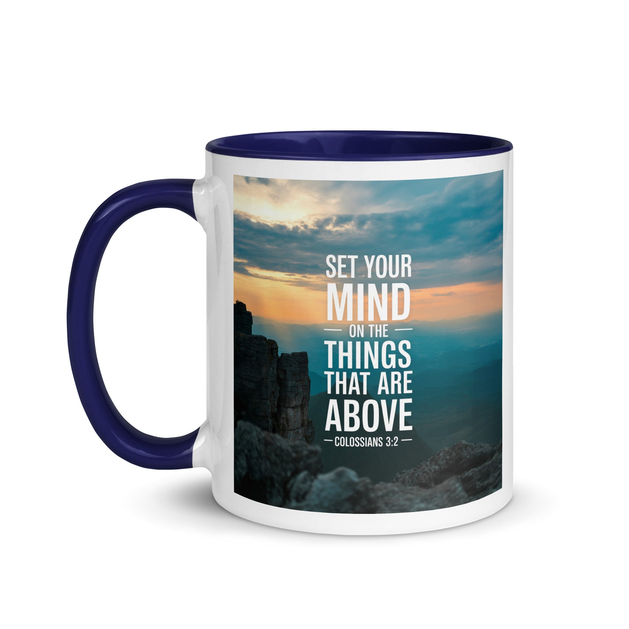 Colossians 3:2 Bible Verse on the White Ceramic Mug with Color Inside