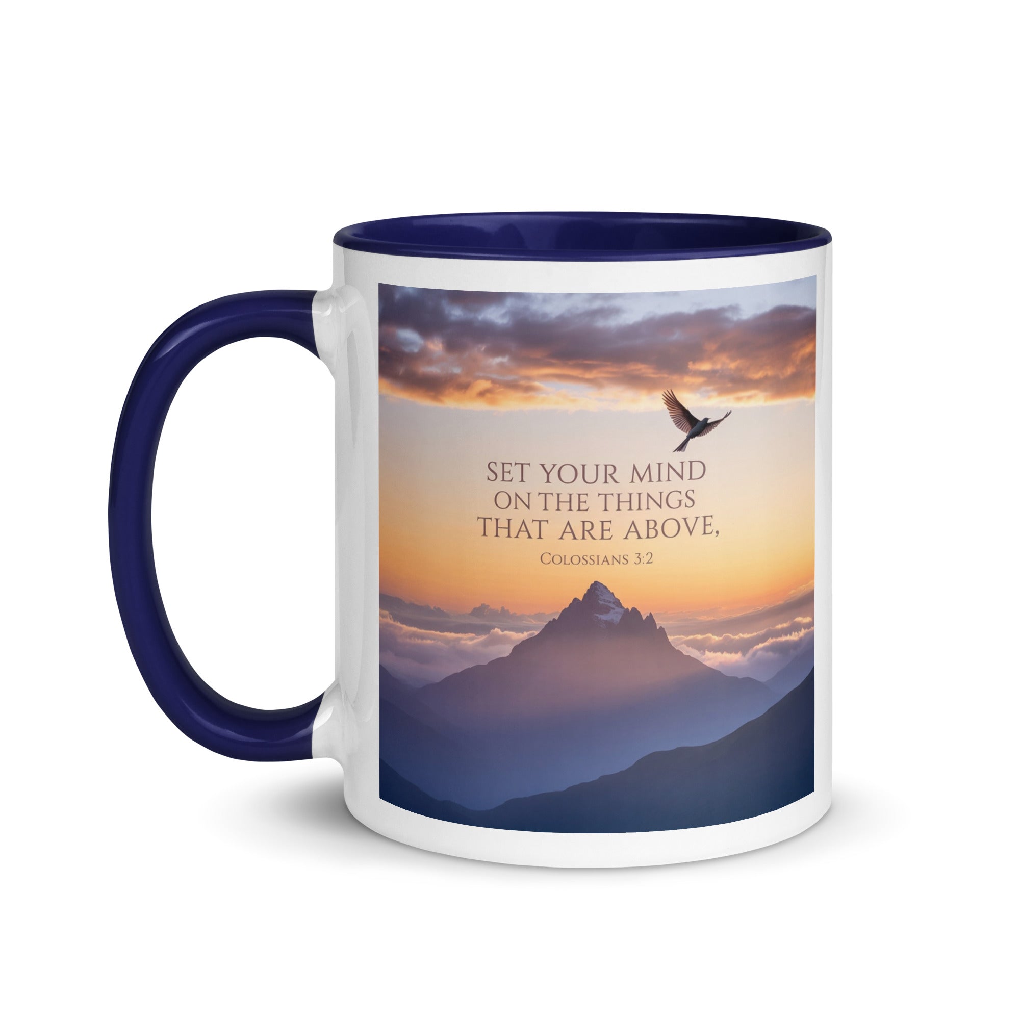 Colossians 3:2 Bible Verse are above White Ceramic Mug with Color Inside