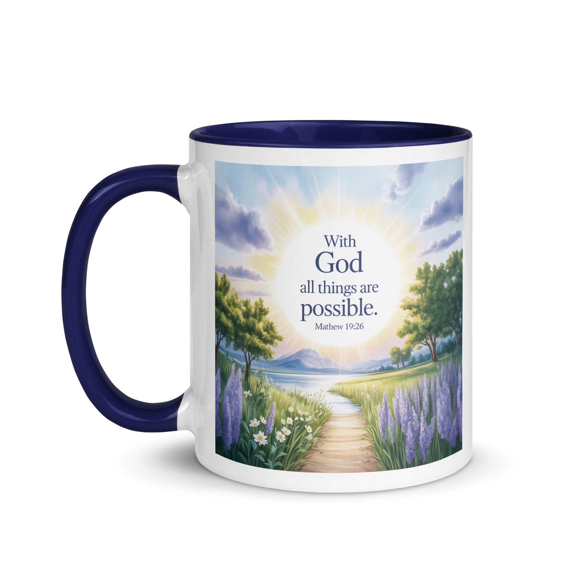 Matthew 19:26 Bible Verse Looking at White Ceramic Mug with Color Inside
