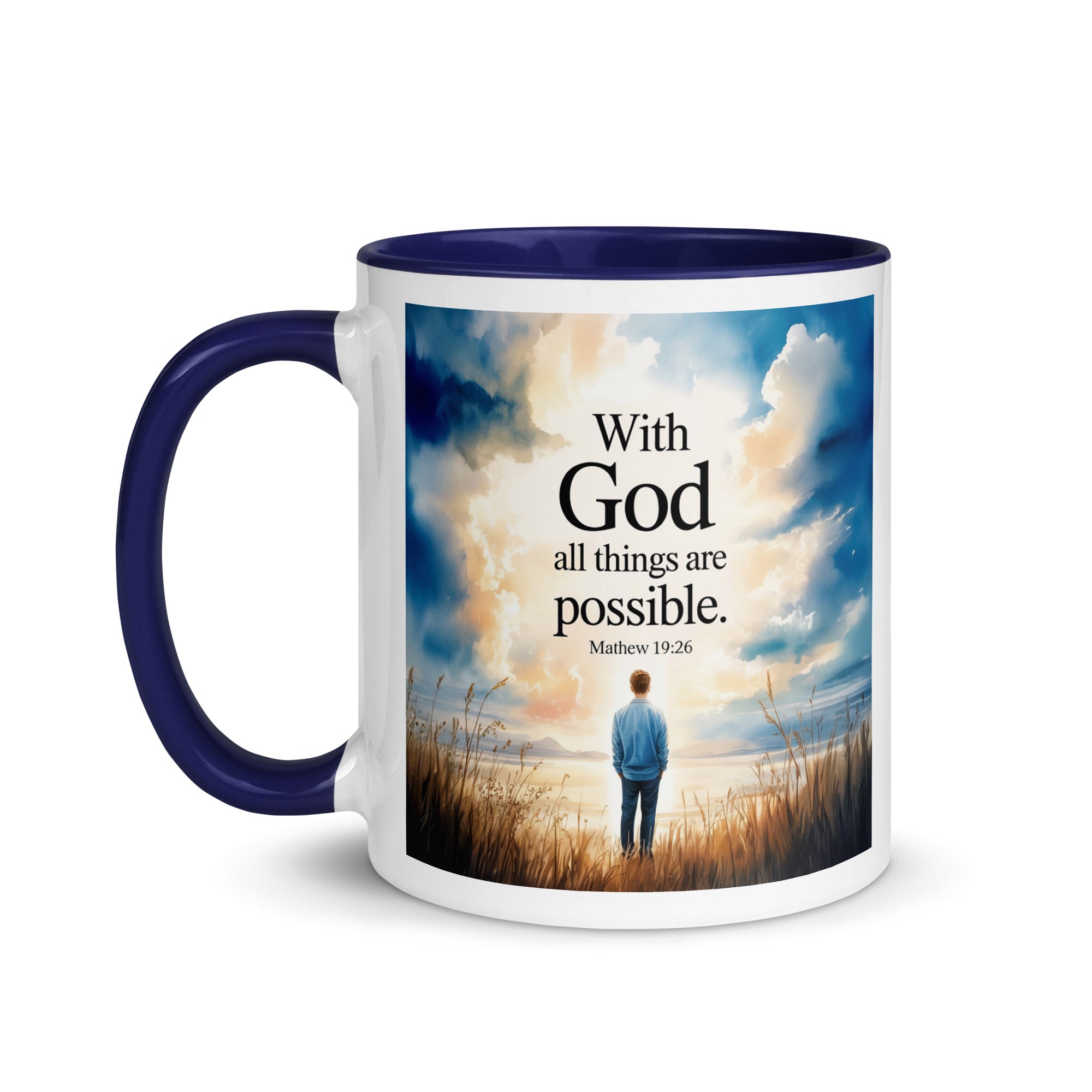 Matthew 19:26 Bible Verse Jesus White Ceramic Mug with Color Inside