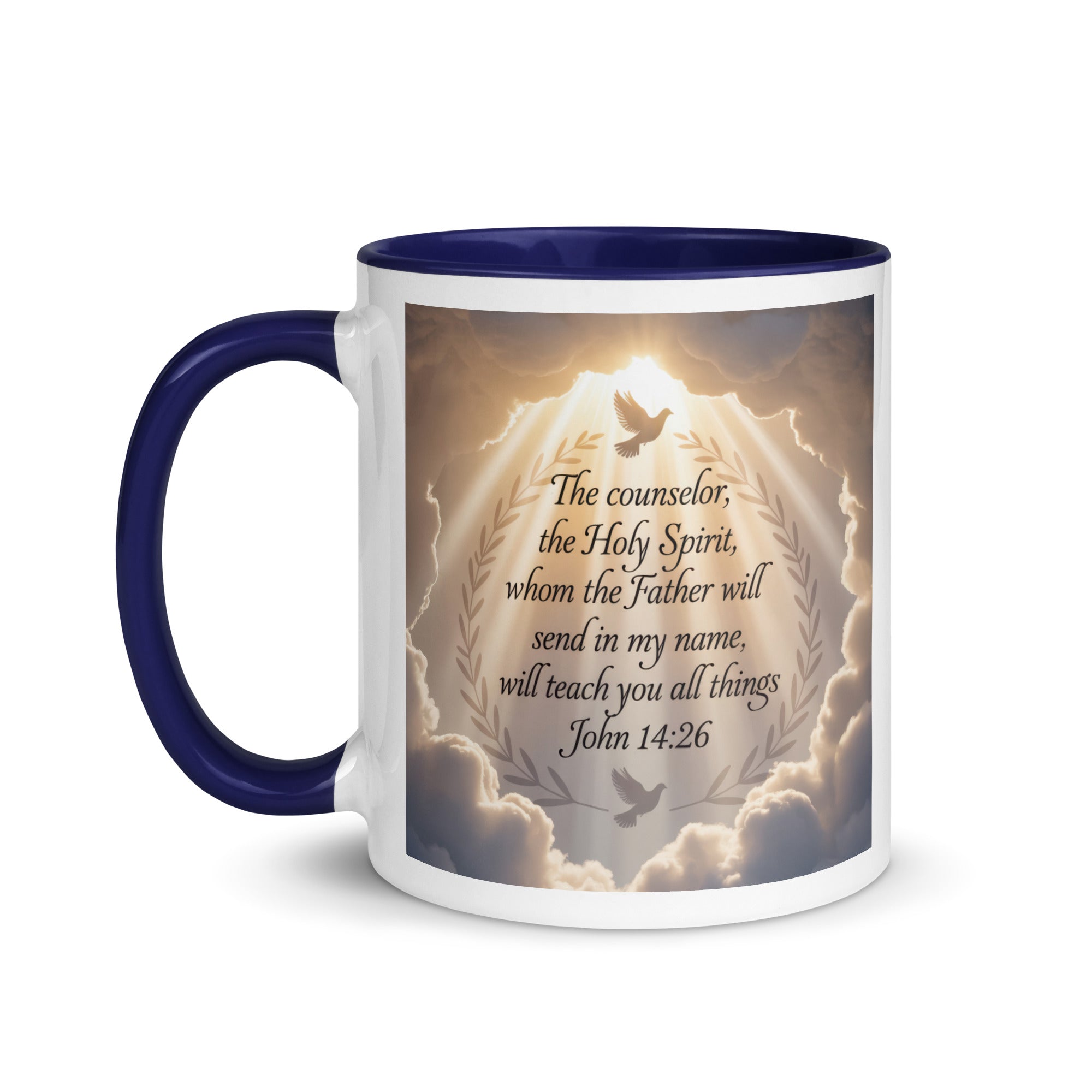 John 14:26 Bible Verse Counselor White Ceramic Mug with Color Inside