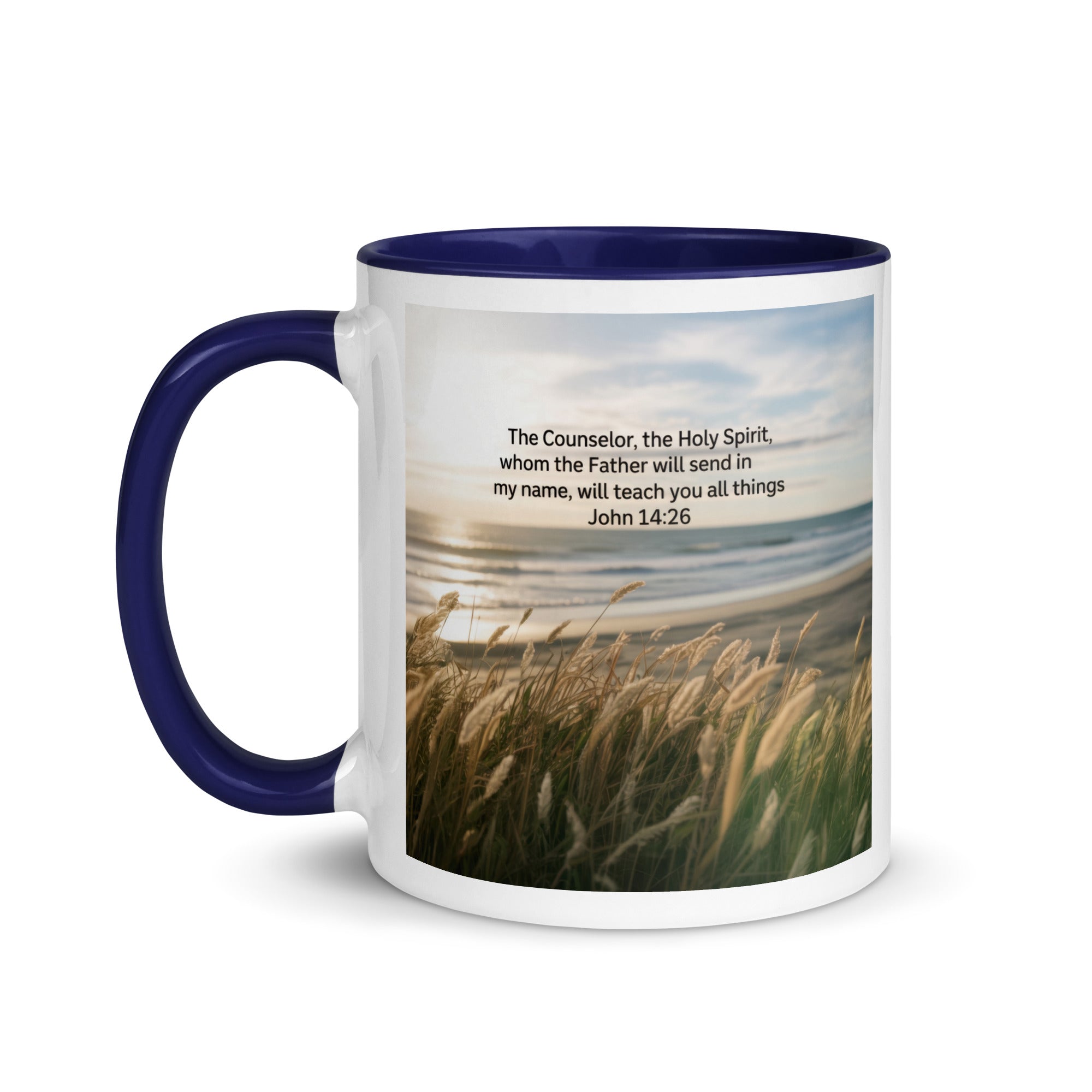 John 14:26 Bible Verse in my name White Ceramic Mug with Color Inside