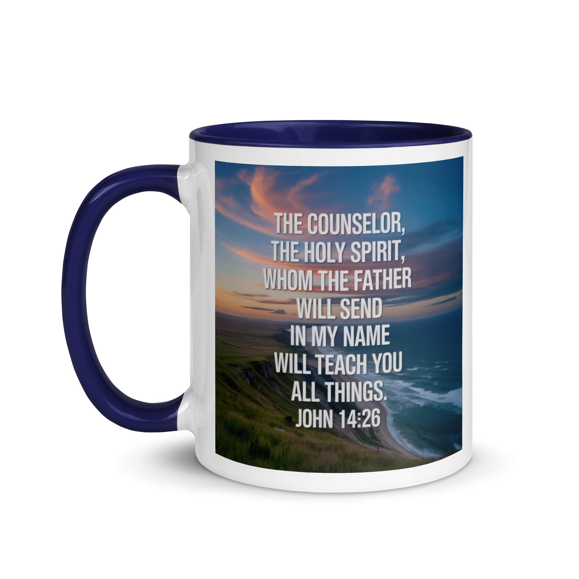 John 14:26 Bible Verse will teach White Ceramic Mug with Color Inside