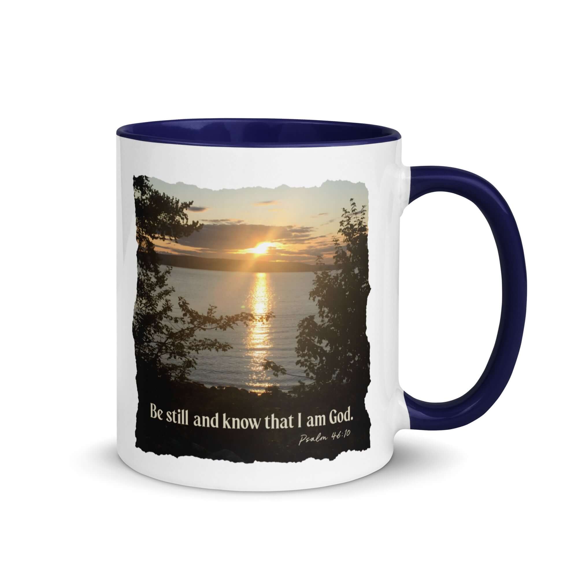 Psalm 46:10 Bible Verse, Sunset Glory White Ceramic Mug with Color Inside Dark Blue 11 oz