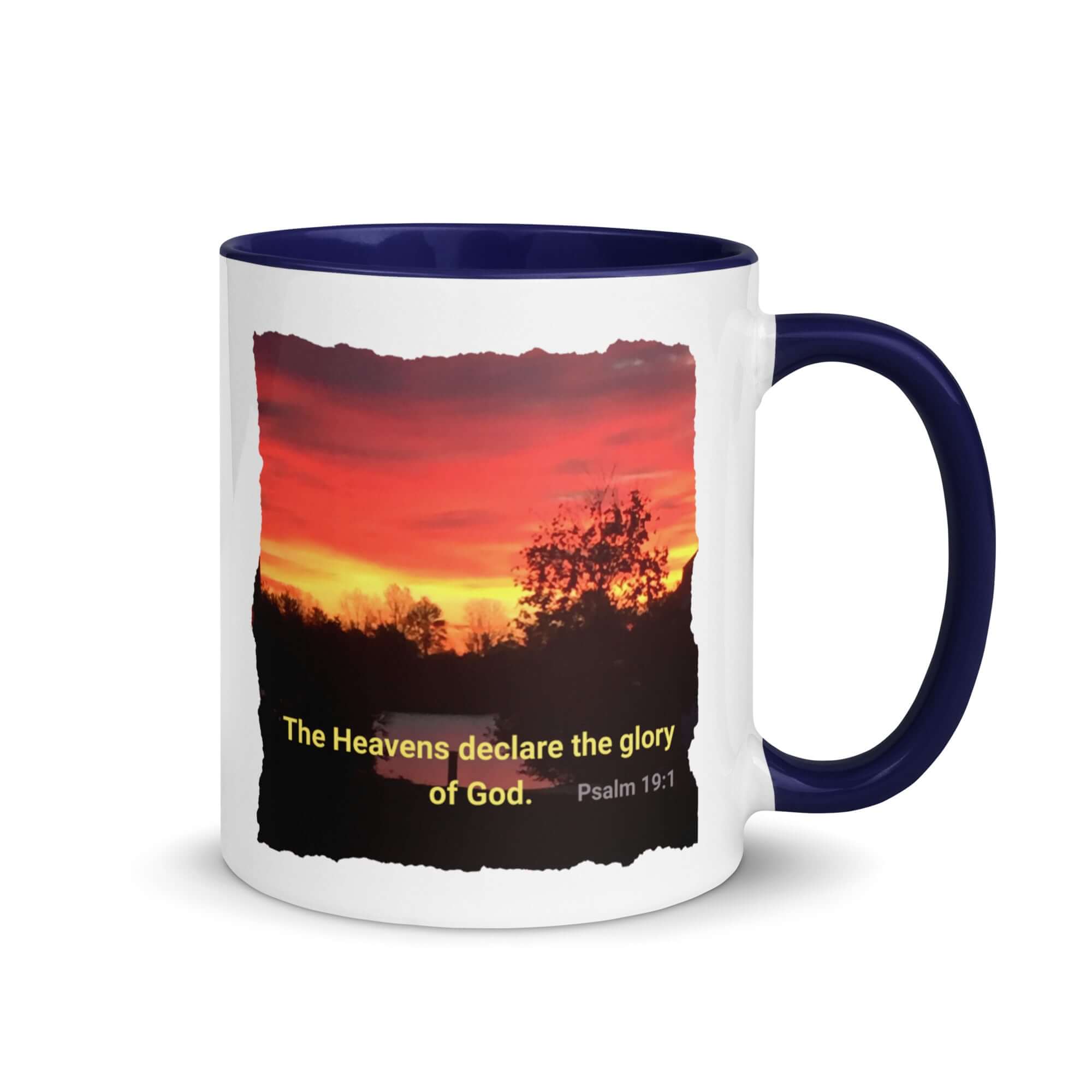 Psalm 19:1 Bible Verse, Sunset Glory White Ceramic Mug with Color Inside Dark Blue 11 oz