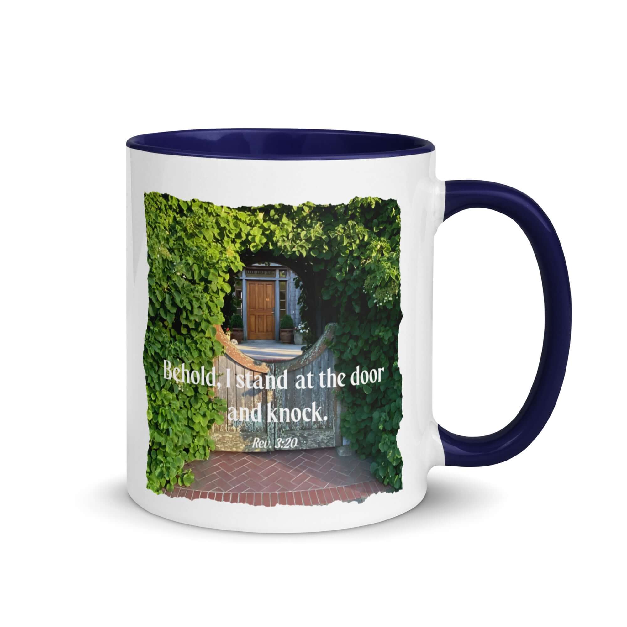 Revelation 3:20 Bible Verse, Garden Doorway White Ceramic Mug with Color Inside Dark Blue 11 oz