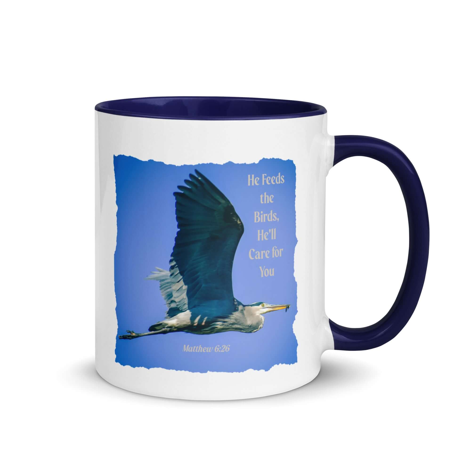 Matthew 6:26 Graceful Heron, He'll Care for You White Ceramic Mug with Color Inside Dark Blue 11 oz