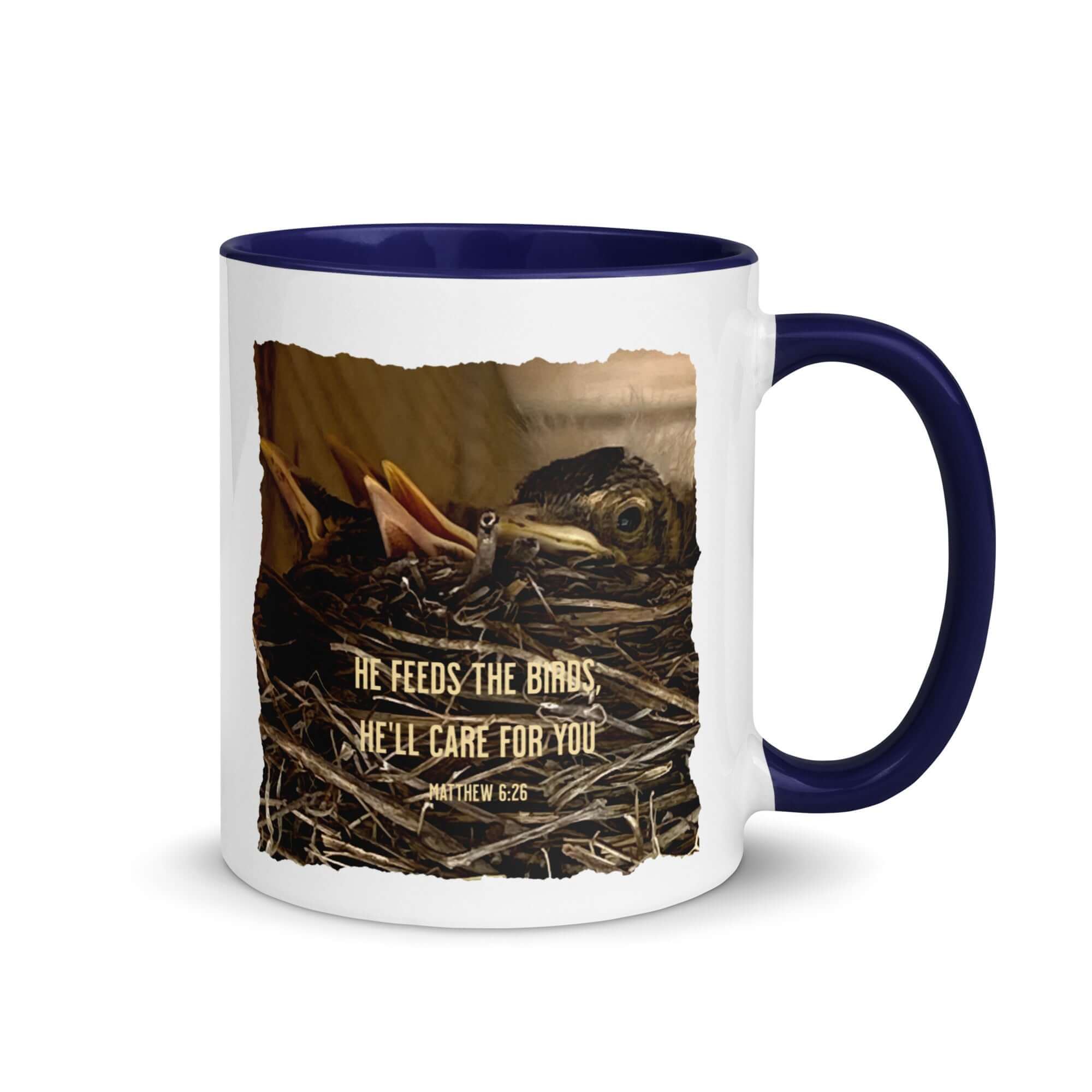 Matthew 6:26 Baby Robins, He'll Care for You White Ceramic Mug with Color Inside Dark Blue 11 oz