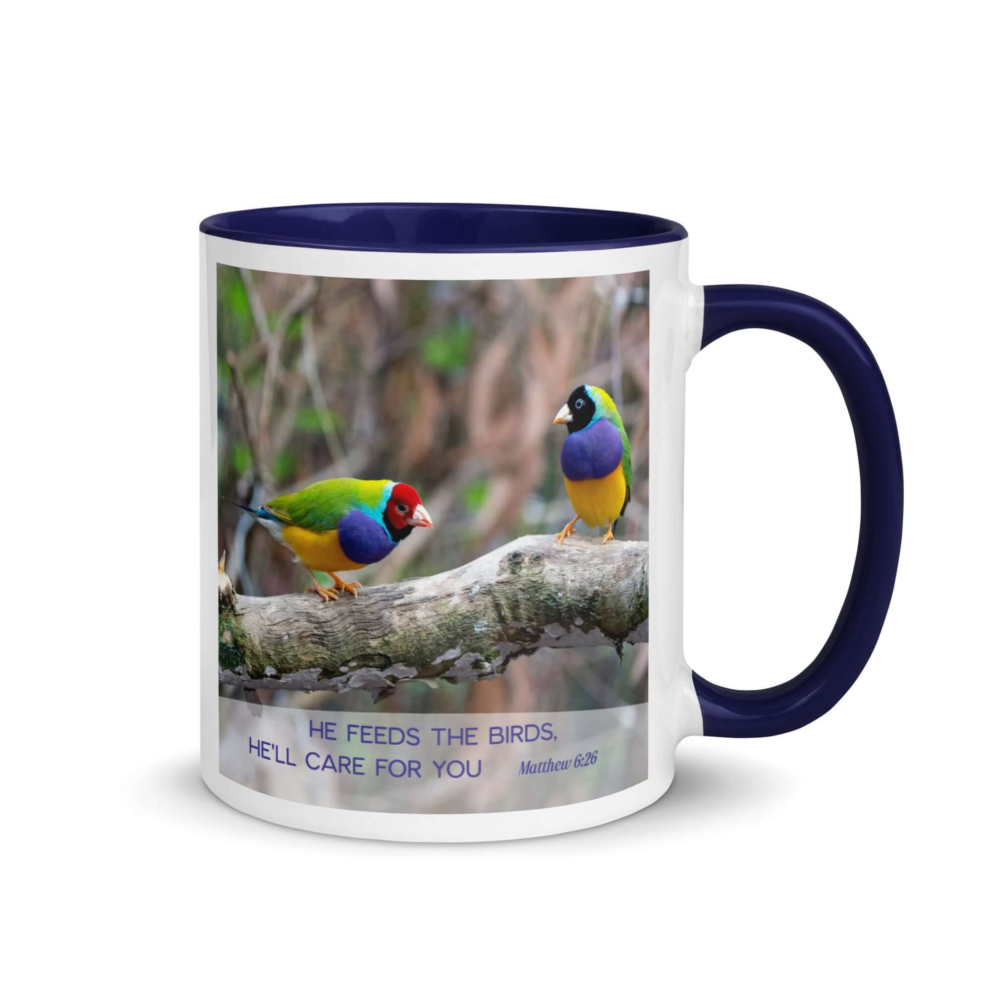 Matthew 6:26 Gouldian Finches, He'll Care for You White Ceramic Mug with Color Inside Dark Blue 11 oz