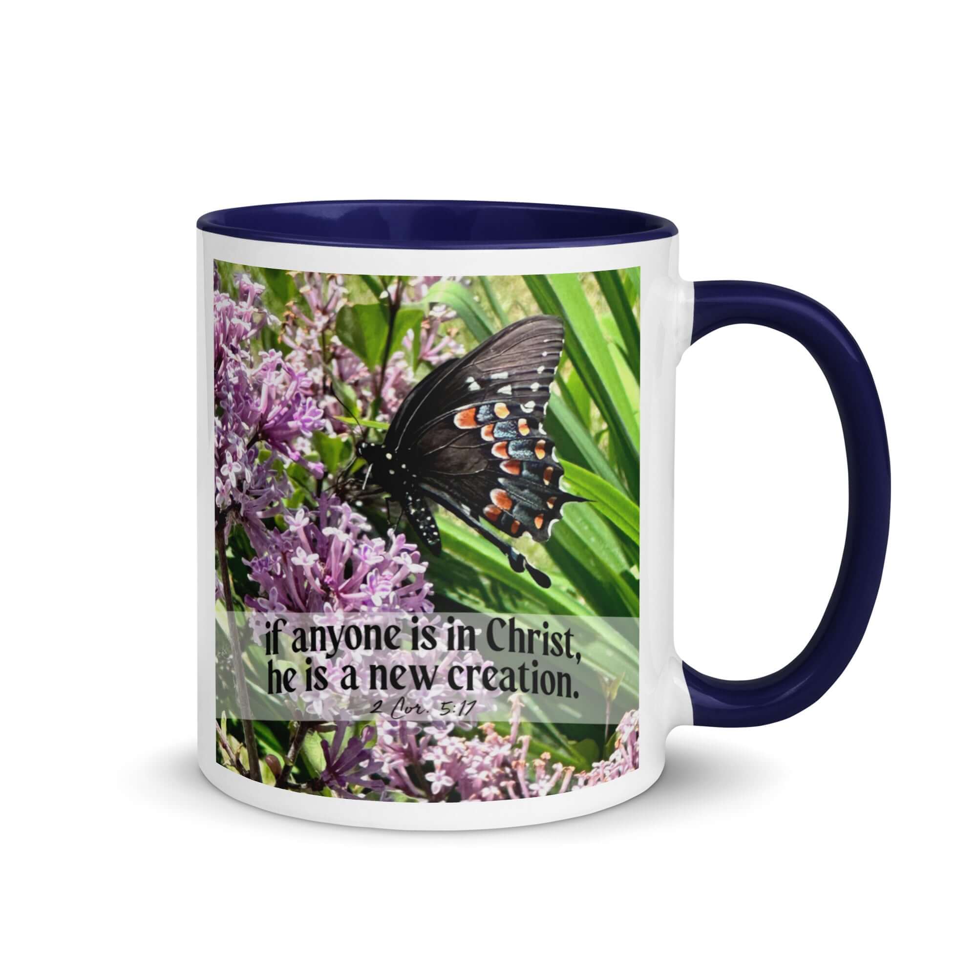 2 Corinthians 5:17 Bible Verse, Butterfly White Ceramic Mug with Color Inside Dark Blue 11 oz