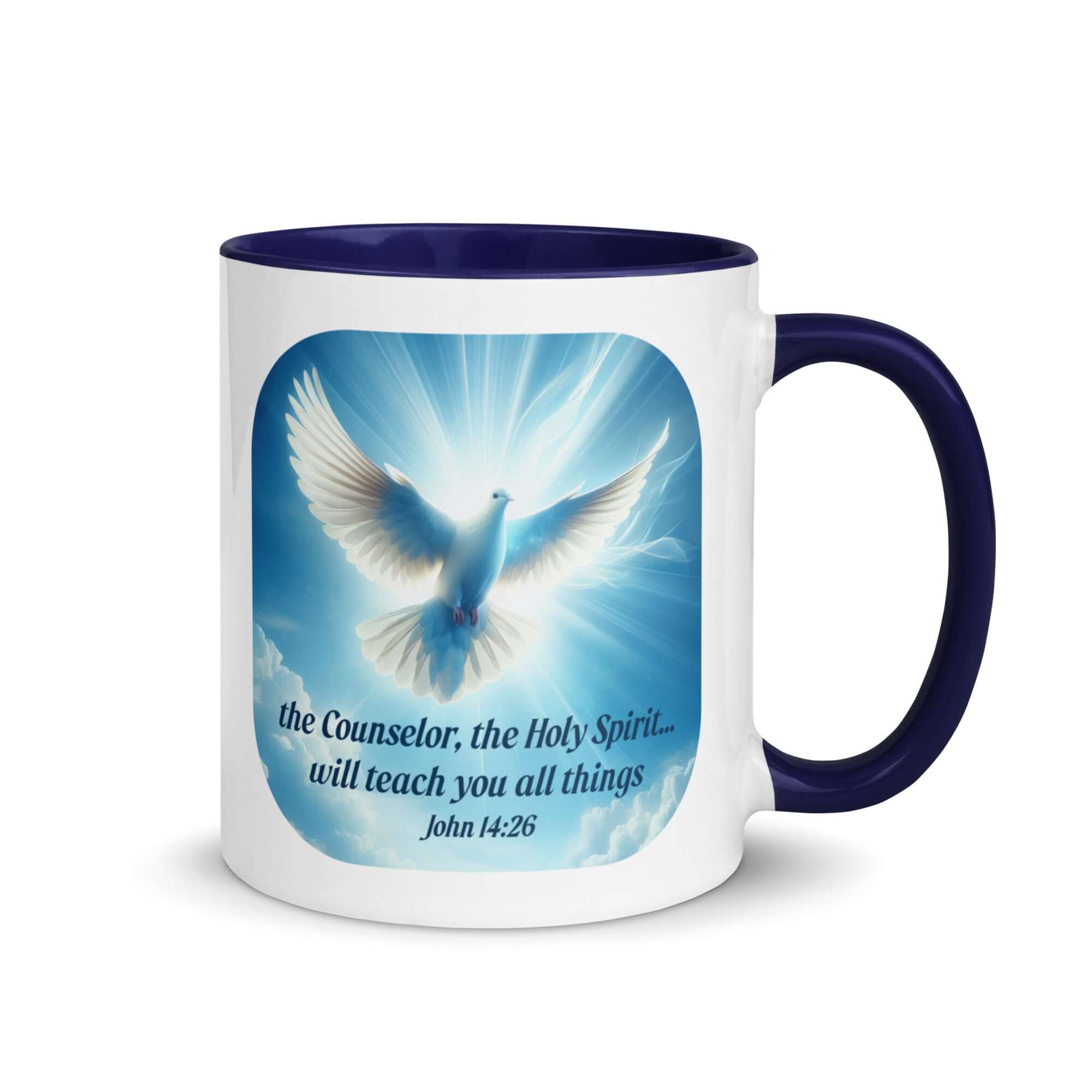 John 14:26 Bible Verse, Holy Spirit Dove White Ceramic Mug with Color Inside Dark Blue 11 oz