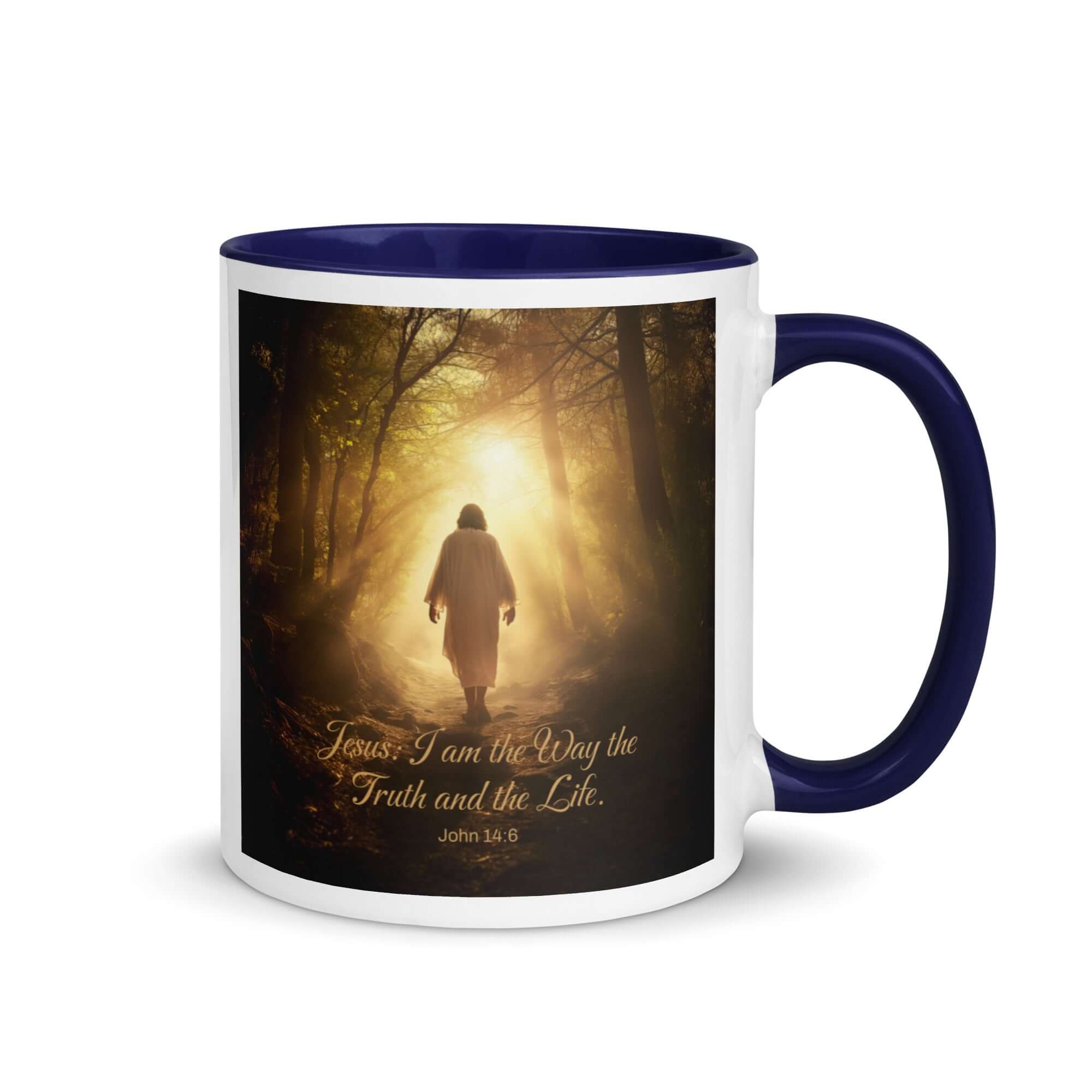 John 14:6 Bible Verse, Forest Image White Ceramic Mug with Color Inside Dark Blue 11 oz