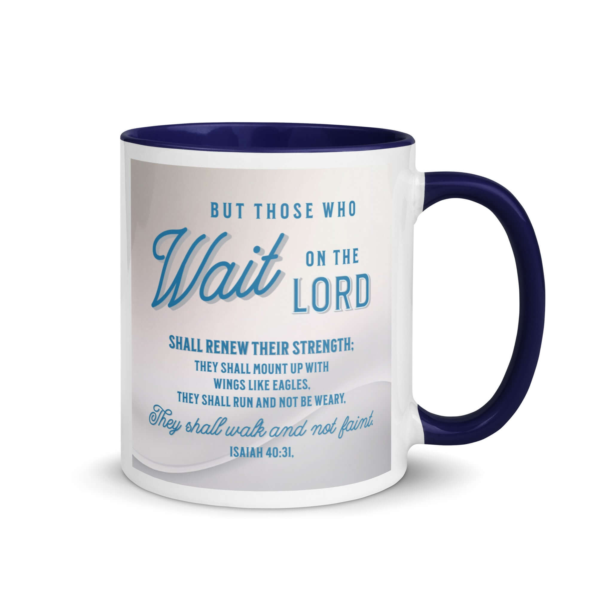 Isaiah 40:31 Bible Verse, Wings like Eagles White Ceramic Mug with Color Inside Dark Blue 11 oz