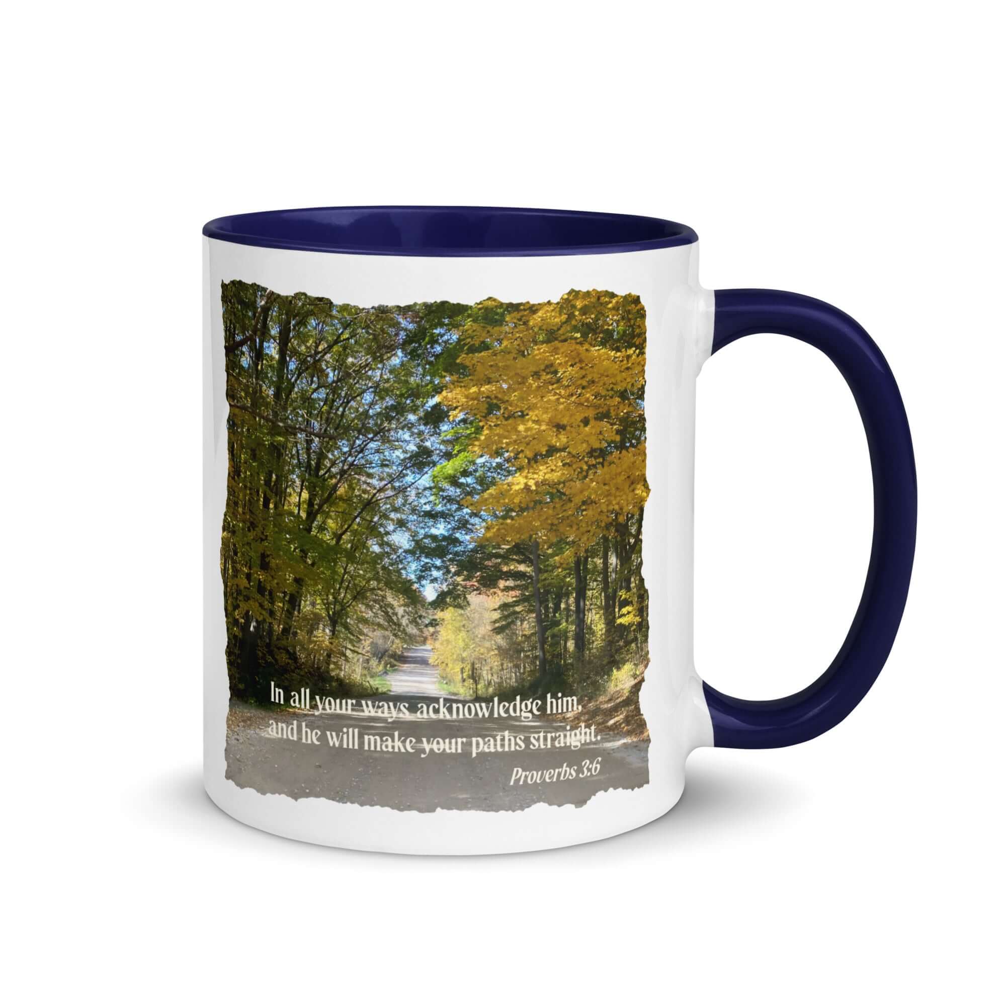 Proverbs 3:6 Bible Verse, Fall Road White Ceramic Mug with Color Inside Dark Blue 11 oz