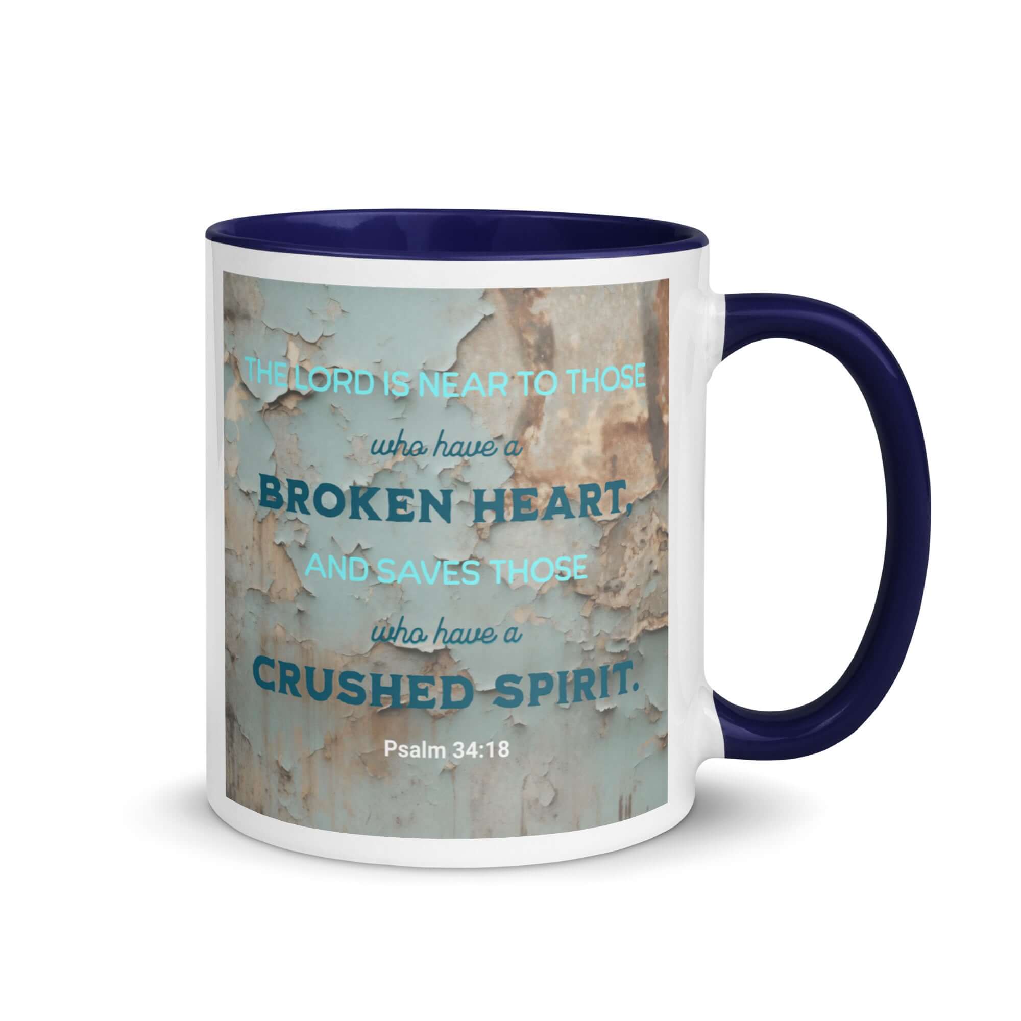 Psalm 34:18 Bible Verse, The LORD is Near White Ceramic Mug with Color Inside Dark Blue 11 oz