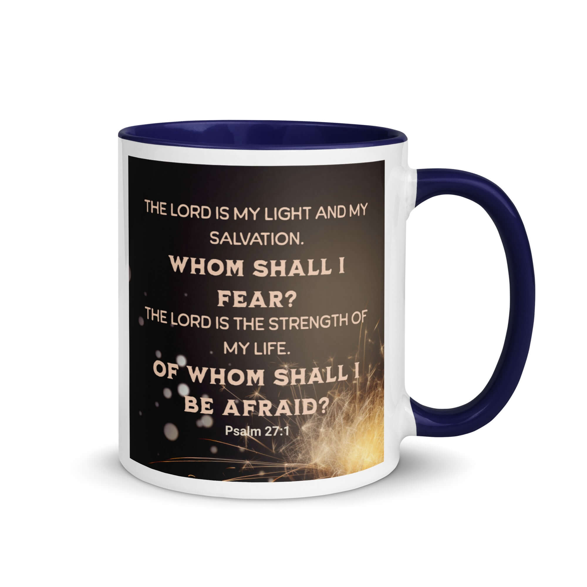 Psalm 27:1 Bible Verse, The LORD is My Light White Ceramic Mug with Color Inside Dark Blue 11 oz