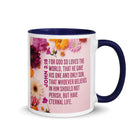 John 3:16 Bible Verse, For God So Loved White Ceramic Mug with Color Inside Dark Blue 11 oz