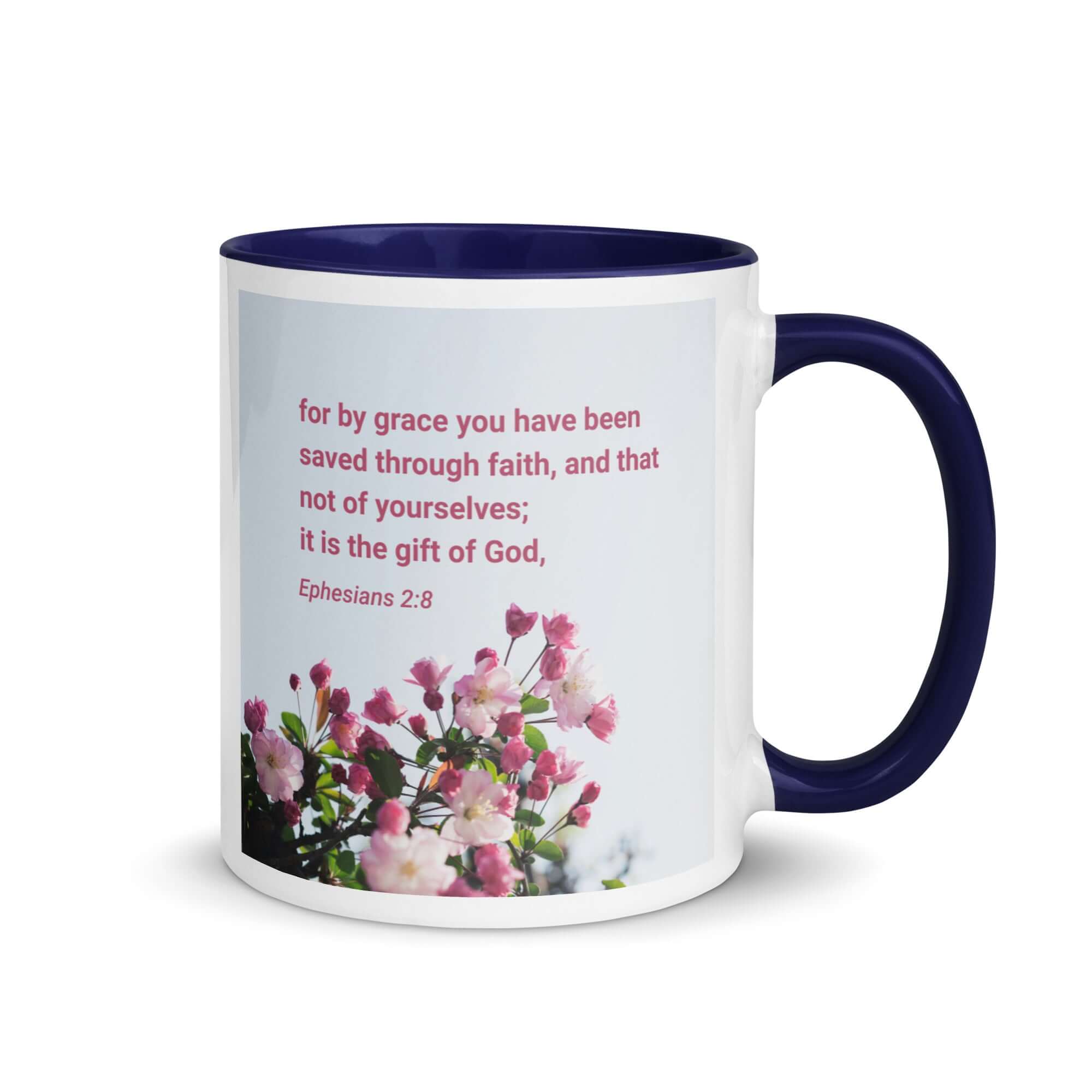 Ephesians 2:8 Bible Verse, saved through faith White Ceramic Mug with Color Inside Dark Blue 11 oz