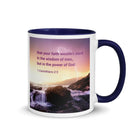 1 Corinthians 2:5 Bible Verse, power of God White Ceramic Mug with Color Inside Dark Blue 11 oz