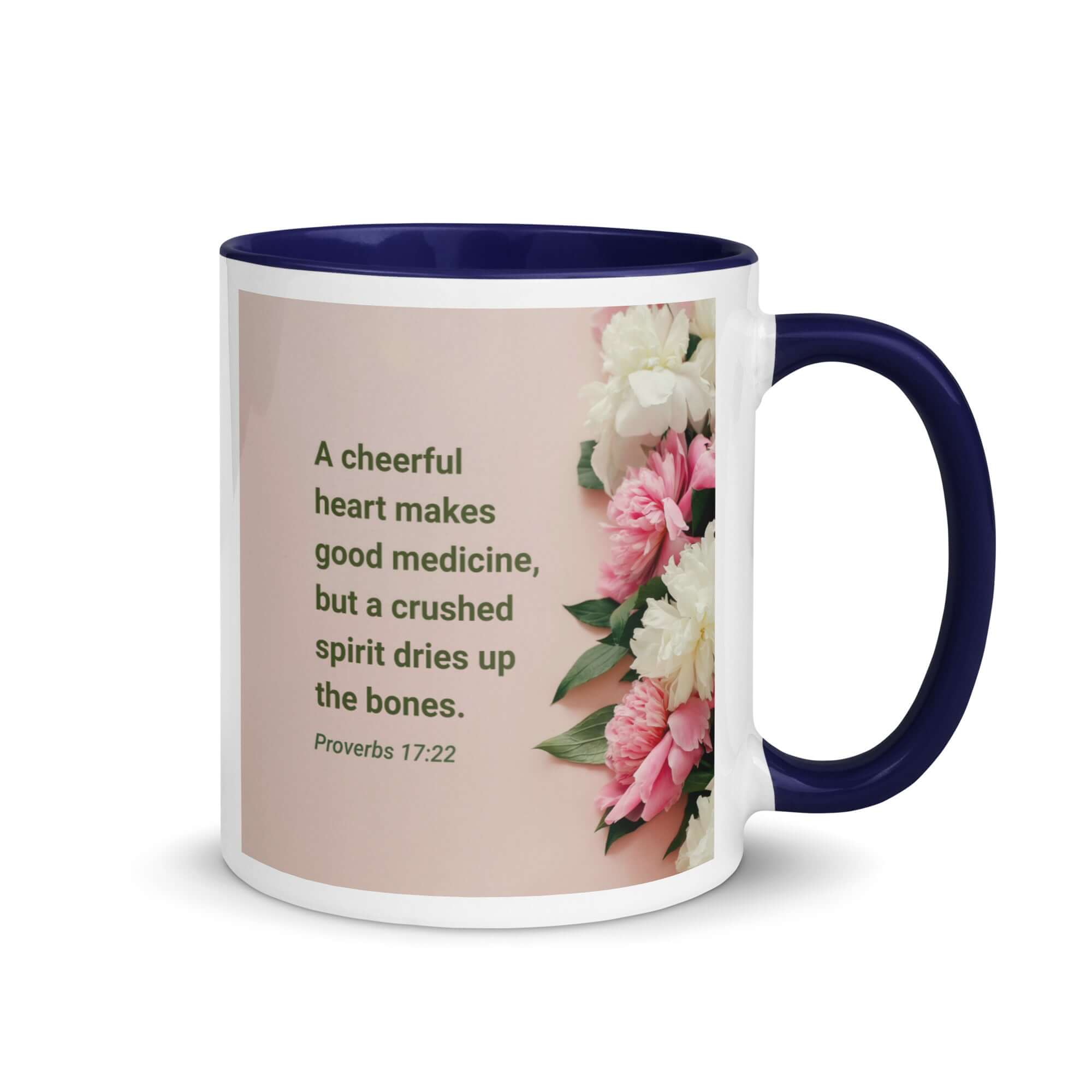 Proverbs 17:22 Bible Verse, good medicine White Ceramic Mug with Color Inside Dark Blue 11 oz
