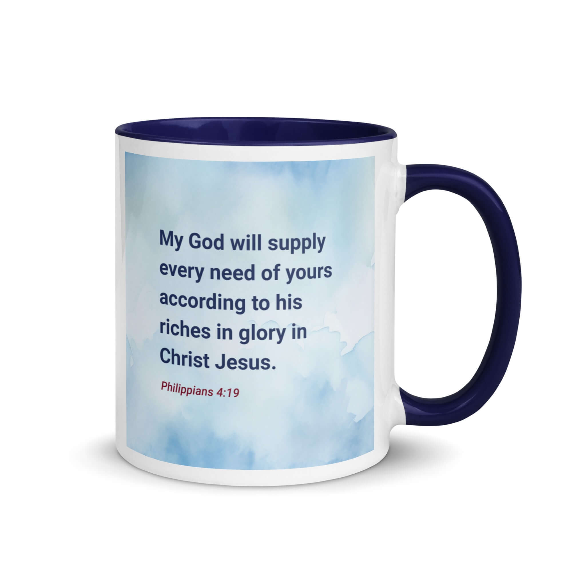 Philippians 4:19 Bible Verse, God will supply White Ceramic Mug with Color Inside Dark Blue 11 oz