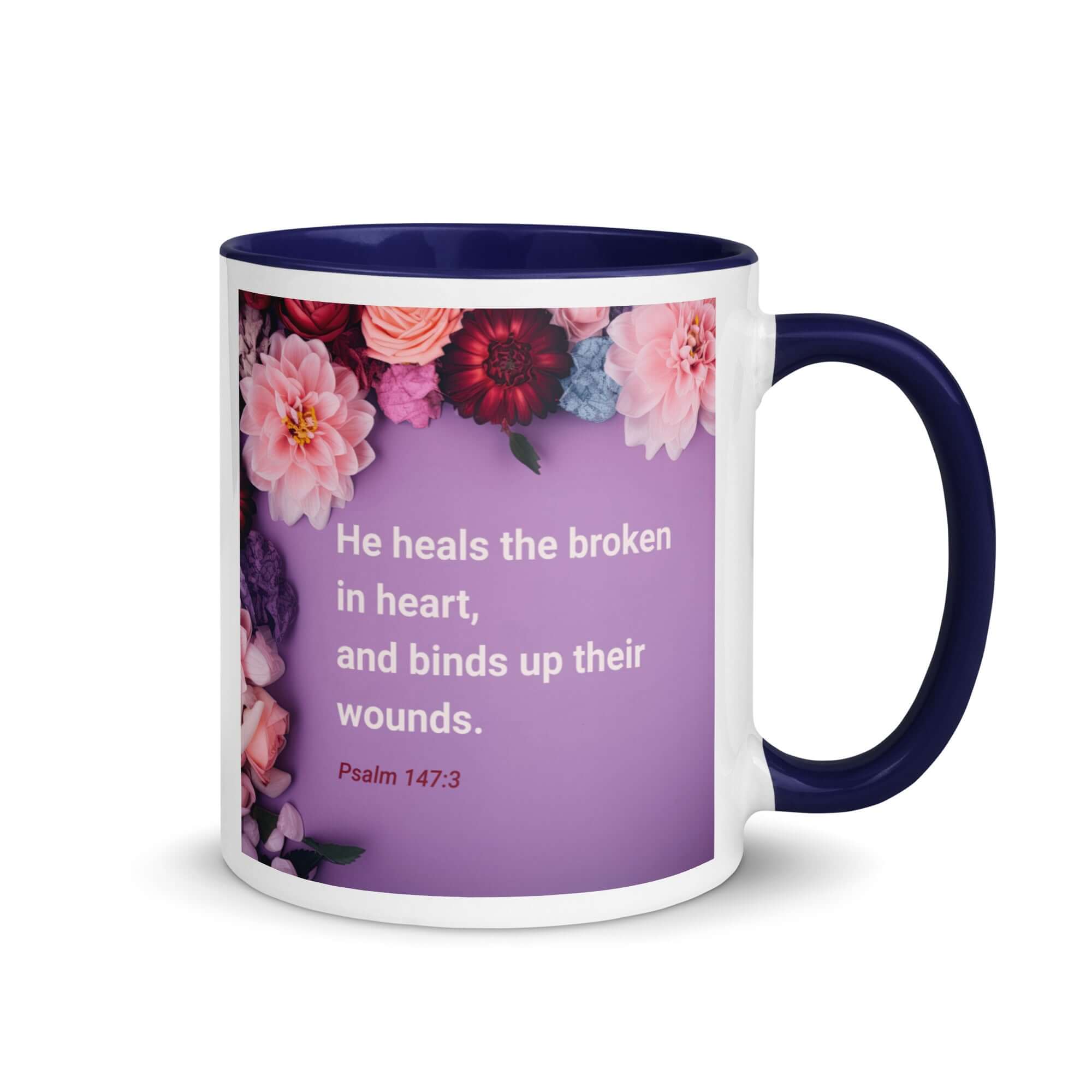 Psalm 147:3 Bible Verse, He heals the broken White Ceramic Mug with Color Inside Dark Blue 11 oz