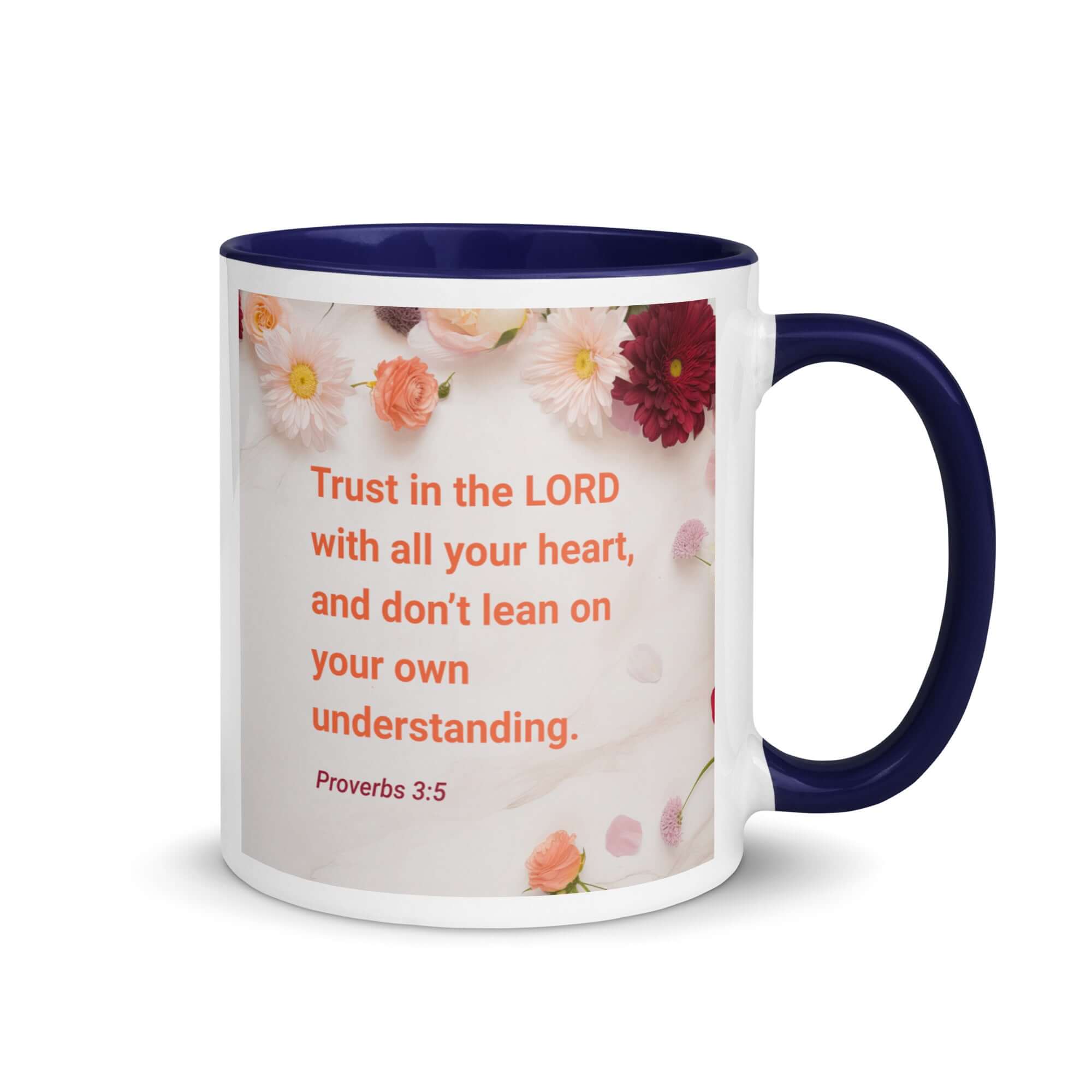 Proverbs 3:5 Bible Verse, Trust in the LORD White Ceramic Mug with Color Inside Dark Blue 11 oz