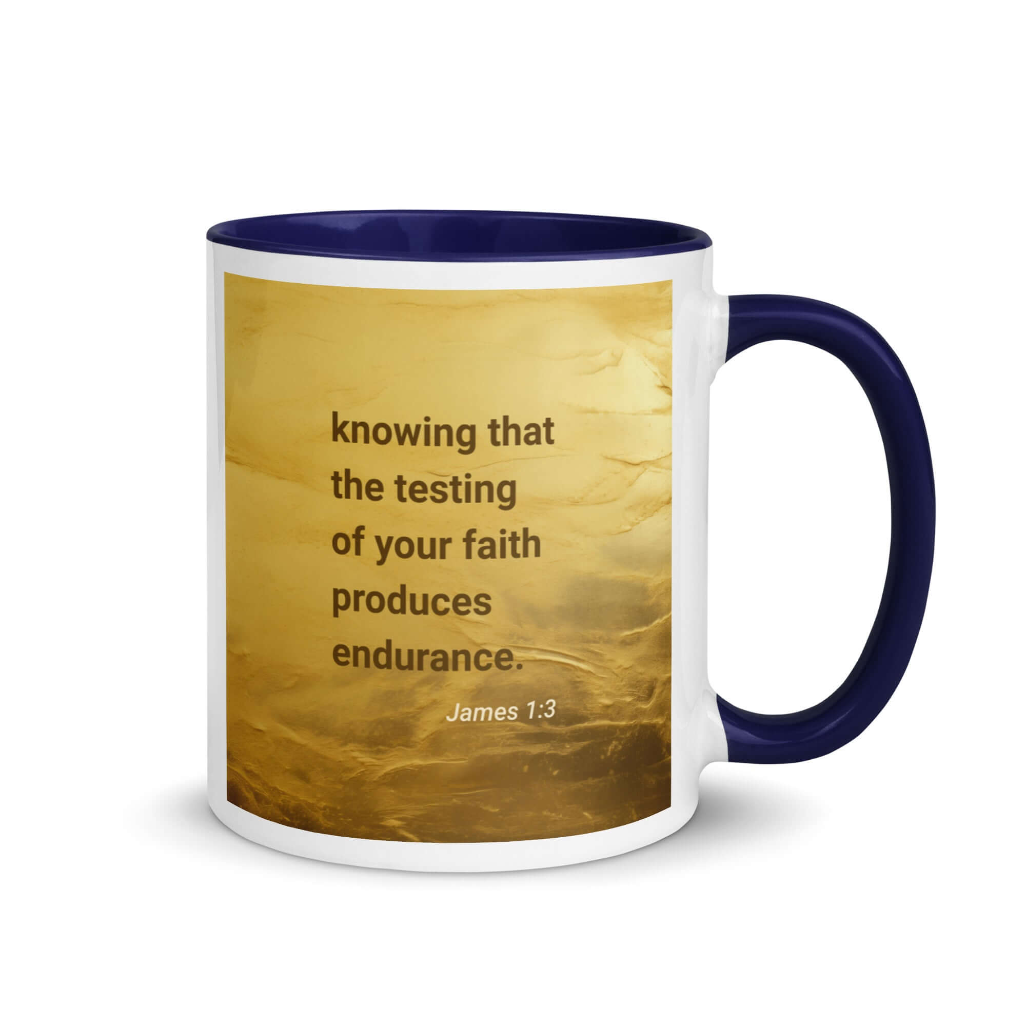 James 1:3 Bible Verse, testing of your faith White Ceramic Mug with Color Inside Dark Blue 11 oz