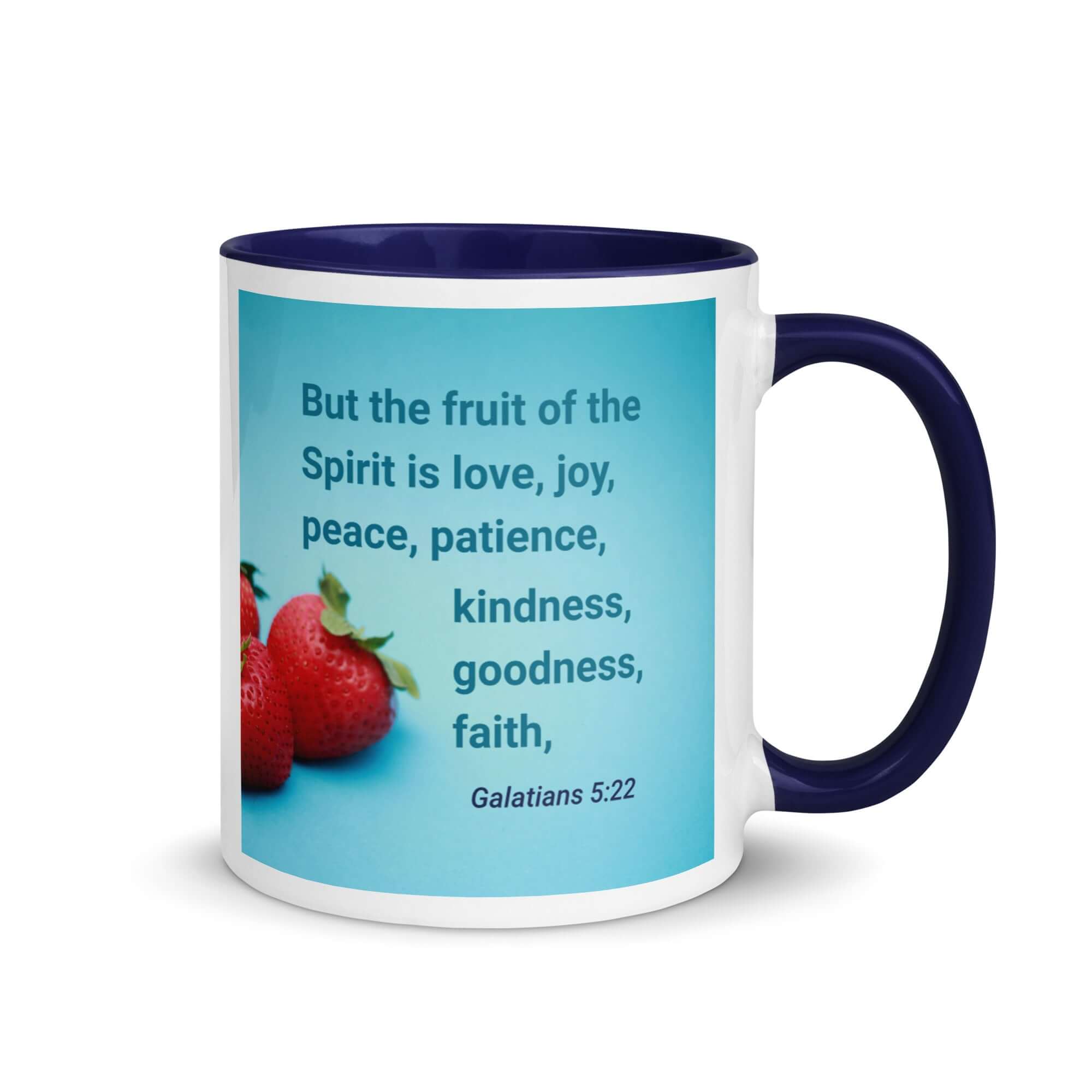 Galatians 5:22 Bible Verse, fruit of the Spirit White Ceramic Mug with Color Inside Dark Blue 11 oz