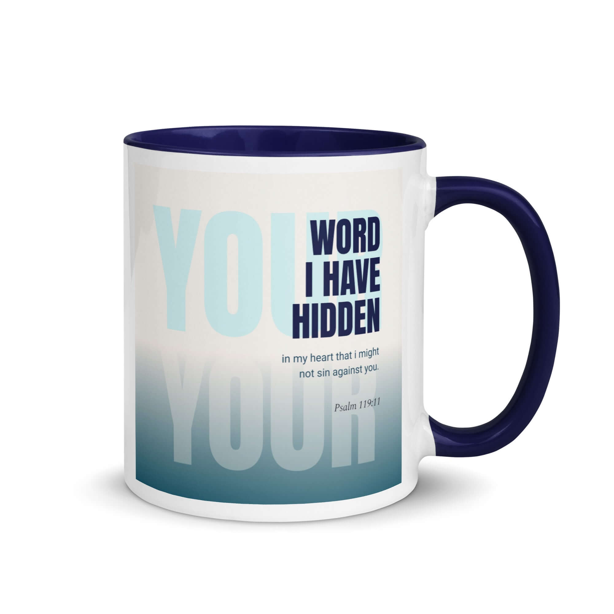 Psalm 119:11 Bible Verse, hidden your word White Ceramic Mug with Color Inside Dark Blue 11 oz